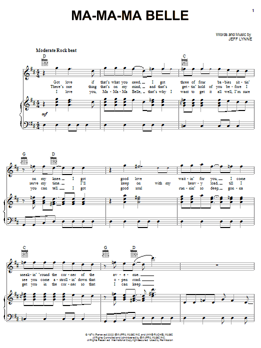 Download Electric Light Orchestra Ma-Ma-Ma Belle Sheet Music and learn how to play Piano, Vocal & Guitar (Right-Hand Melody) PDF digital score in minutes