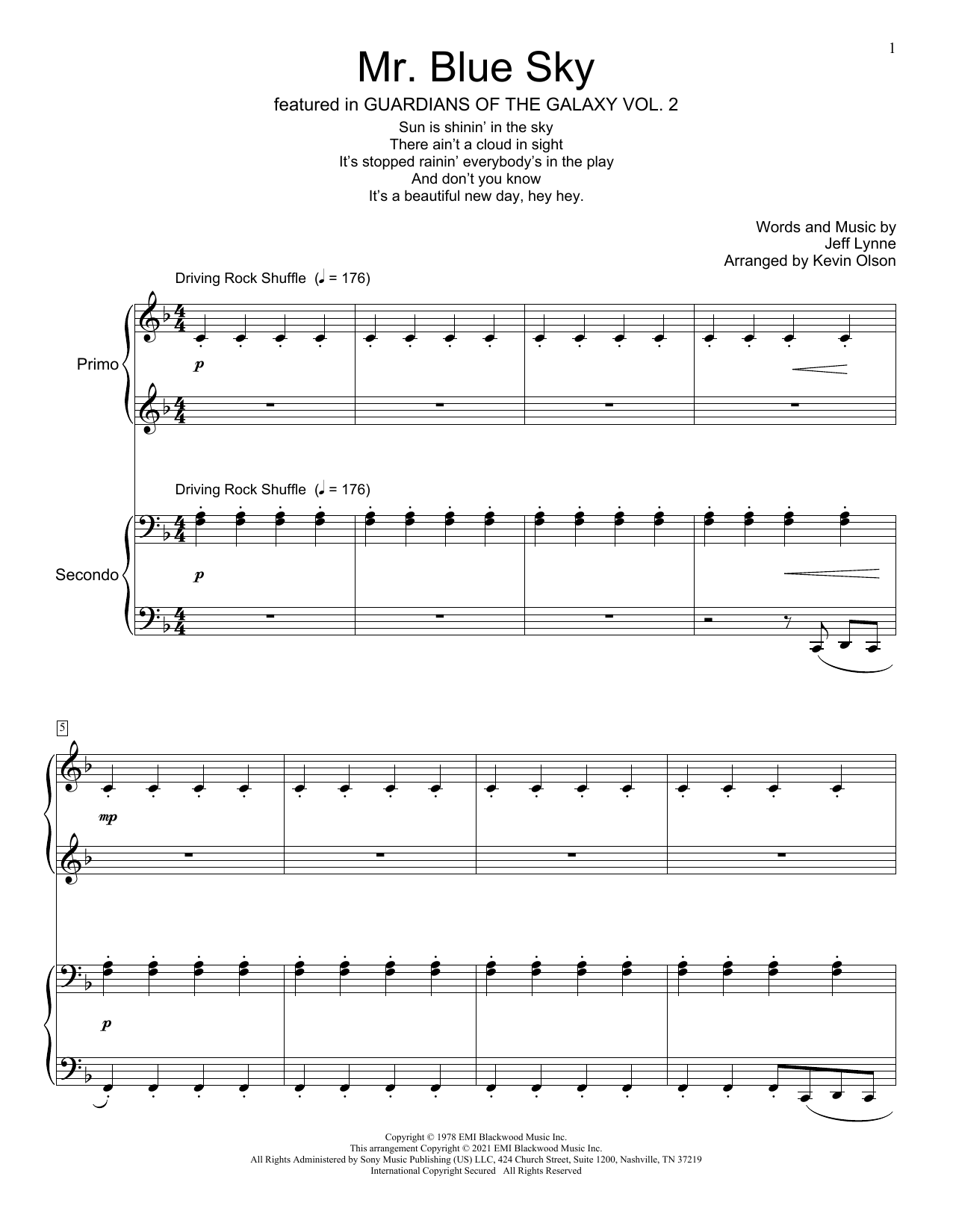 Download Electric Light Orchestra Mr. Blue Sky (arr. Kevin Olson) Sheet Music and learn how to play Piano Duet PDF digital score in minutes