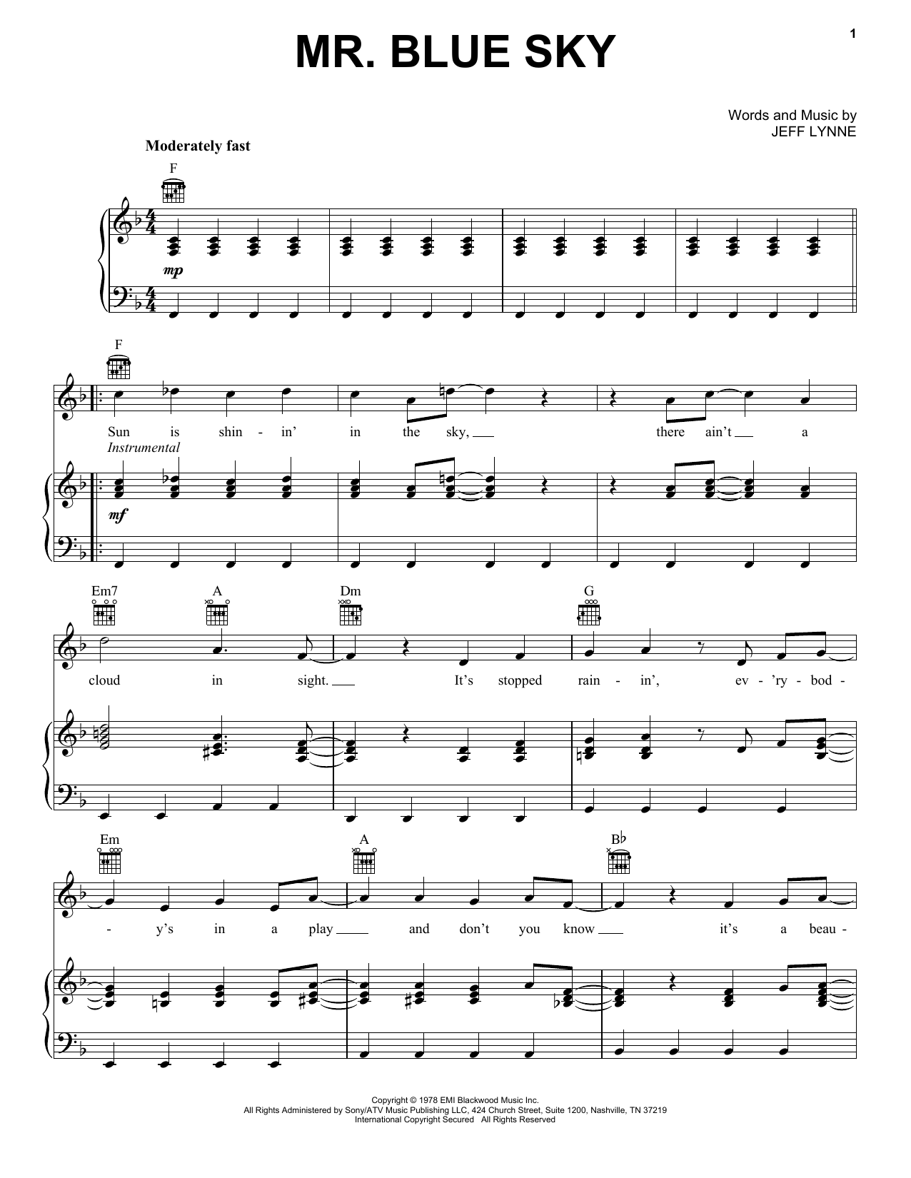 Download Electric Light Orchestra Mr. Blue Sky Sheet Music and learn how to play Piano, Vocal & Guitar (Right-Hand Melody) PDF digital score in minutes