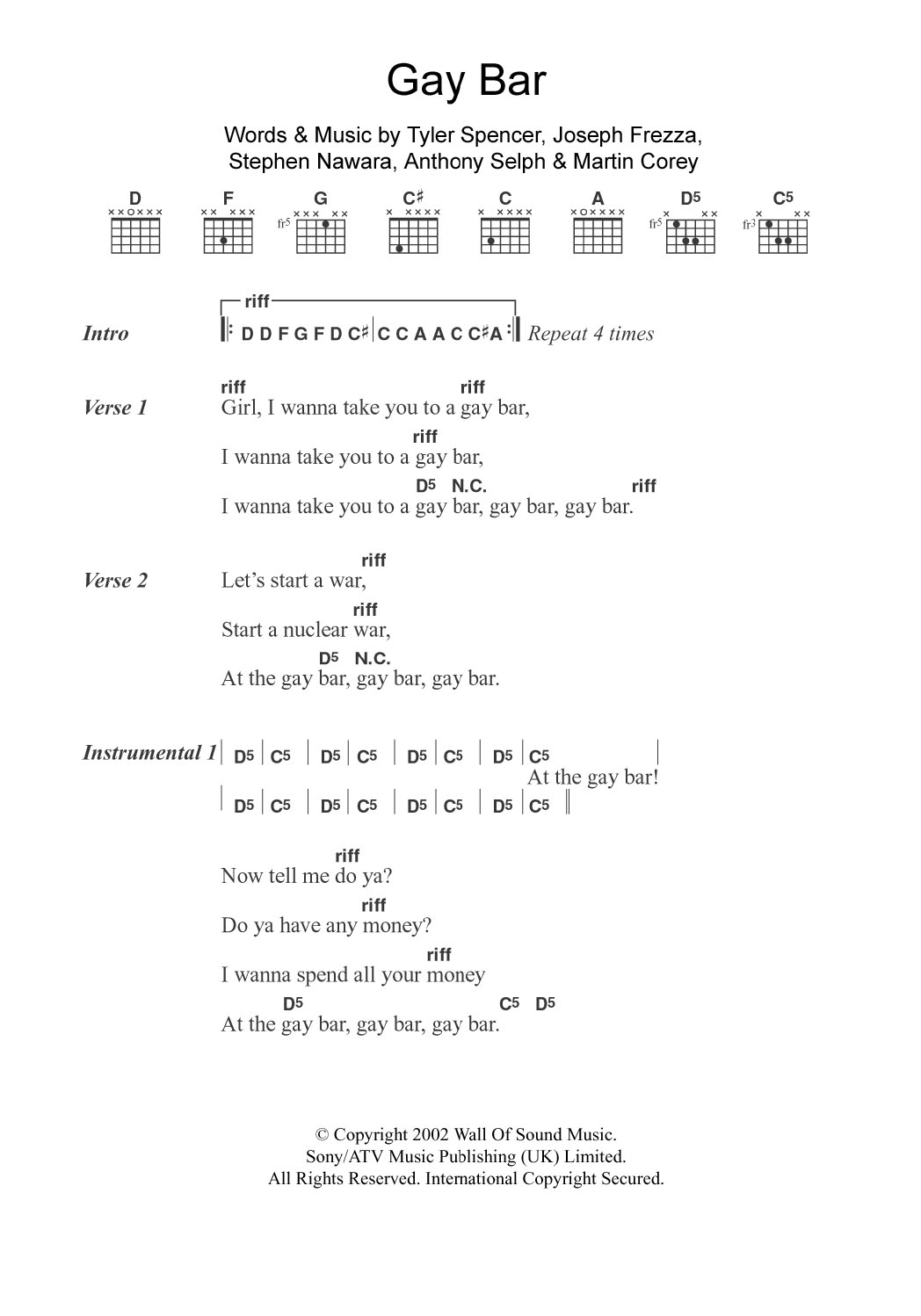 Download Electric Six Gay Bar Sheet Music and learn how to play Lyrics & Chords PDF digital score in minutes