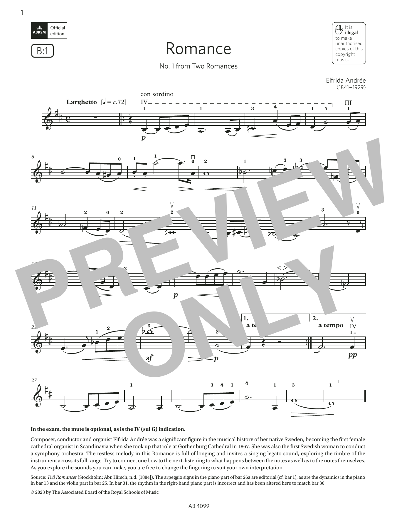 Download Elfrida Andrée Romance (Grade 5, B1, from the ABRSM Violin Syllabus from 2024) Sheet Music and learn how to play Violin Solo PDF digital score in minutes