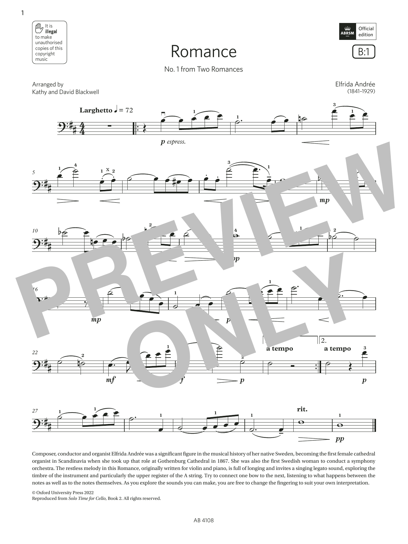 Download Elfrida Andrée Romance No. 1 (Grade 5, B1, from the ABRSM Cello Syllabus from 2024) Sheet Music and learn how to play Cello Solo PDF digital score in minutes