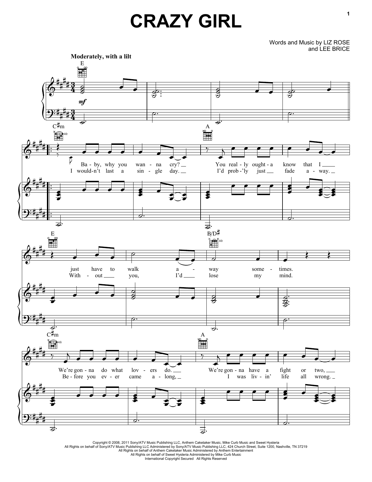 Download Eli Young Band Crazy Girl Sheet Music and learn how to play Very Easy Piano PDF digital score in minutes