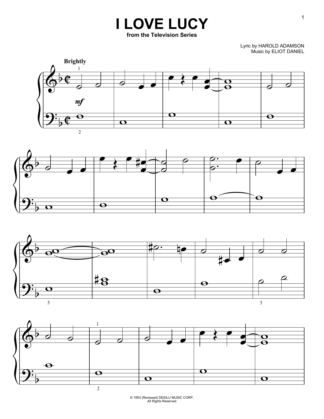 Download Eliot Daniel I Love Lucy Sheet Music and learn how to play Big Note Piano PDF digital score in minutes