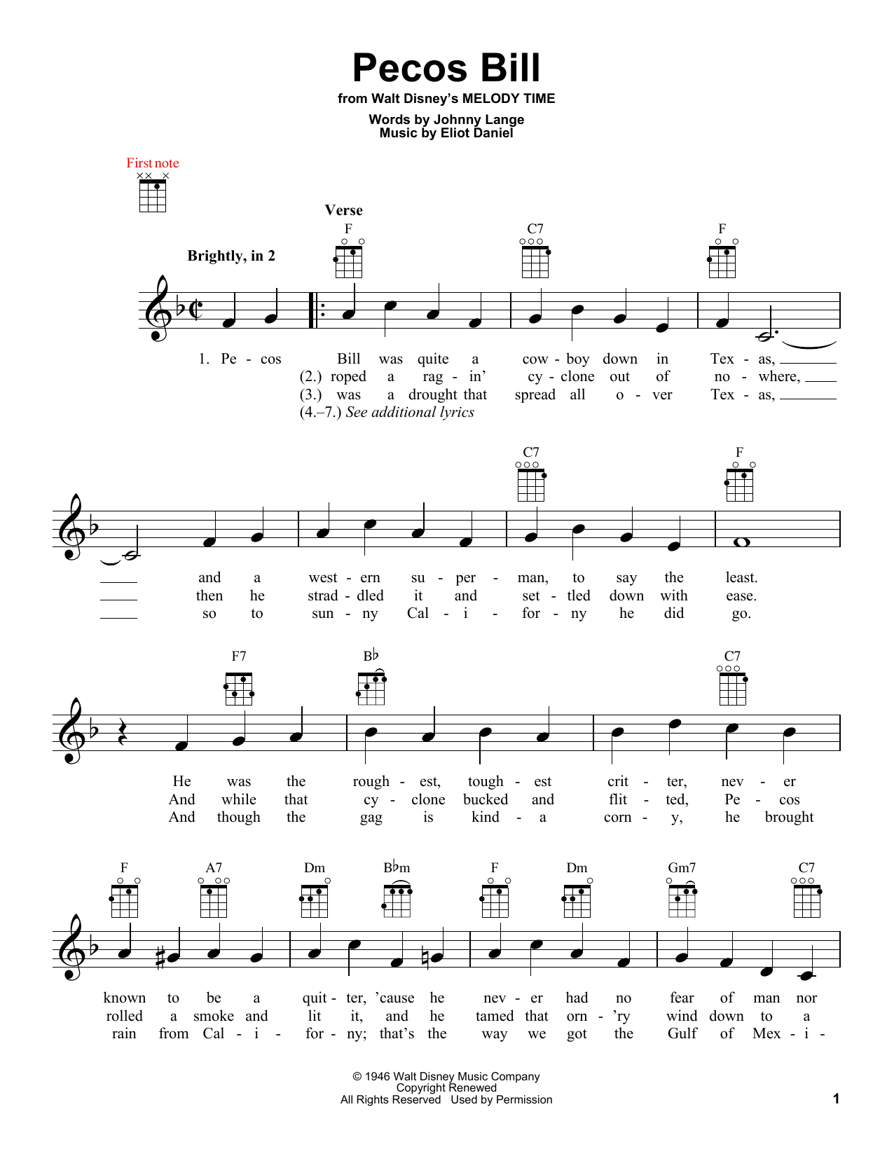 Download Eliot Daniel Pecos Bill Sheet Music and learn how to play Ukulele PDF digital score in minutes