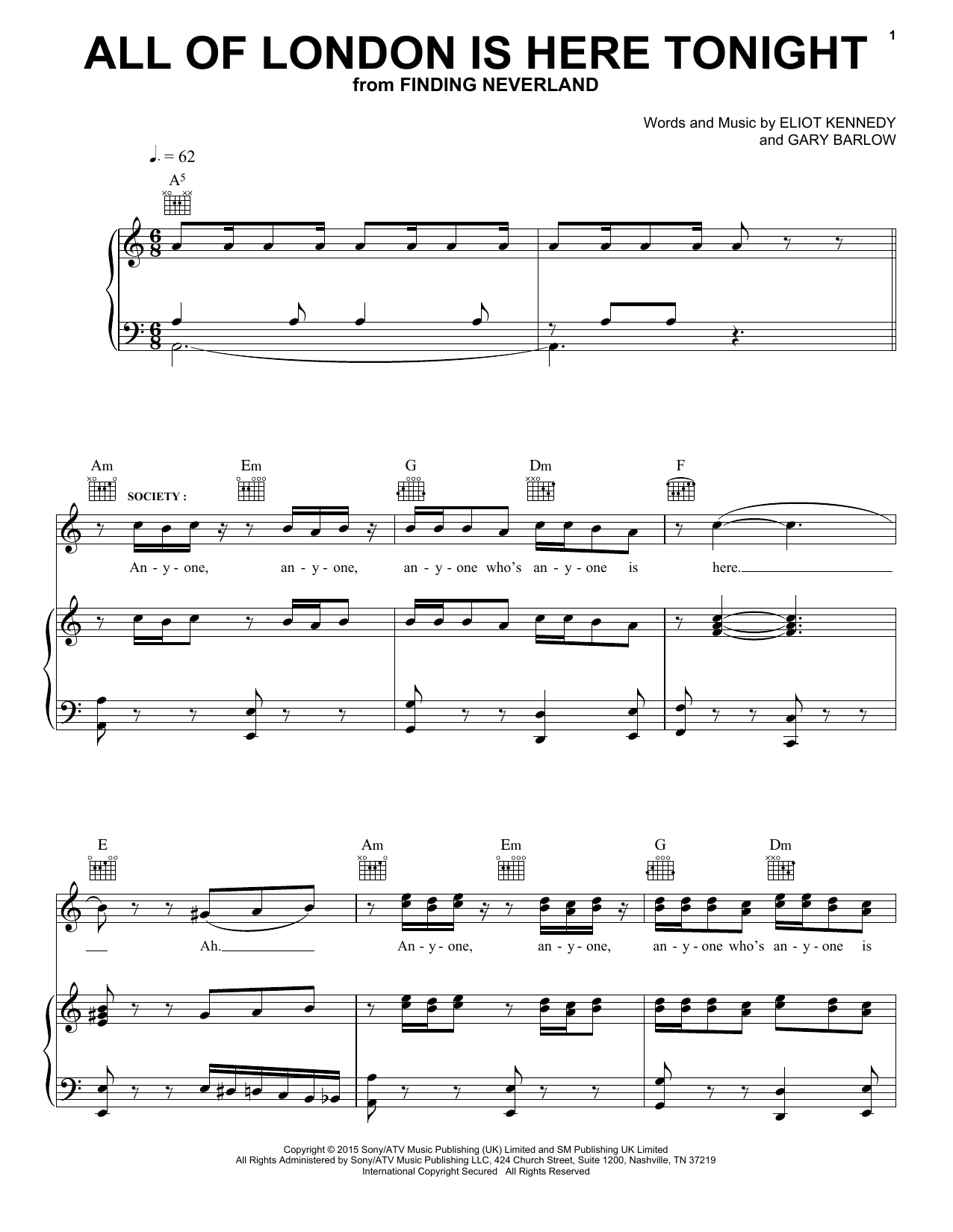 Download Eliot Kennedy All Of London Is Here Tonight Sheet Music and learn how to play Piano, Vocal & Guitar (Right-Hand Melody) PDF digital score in minutes