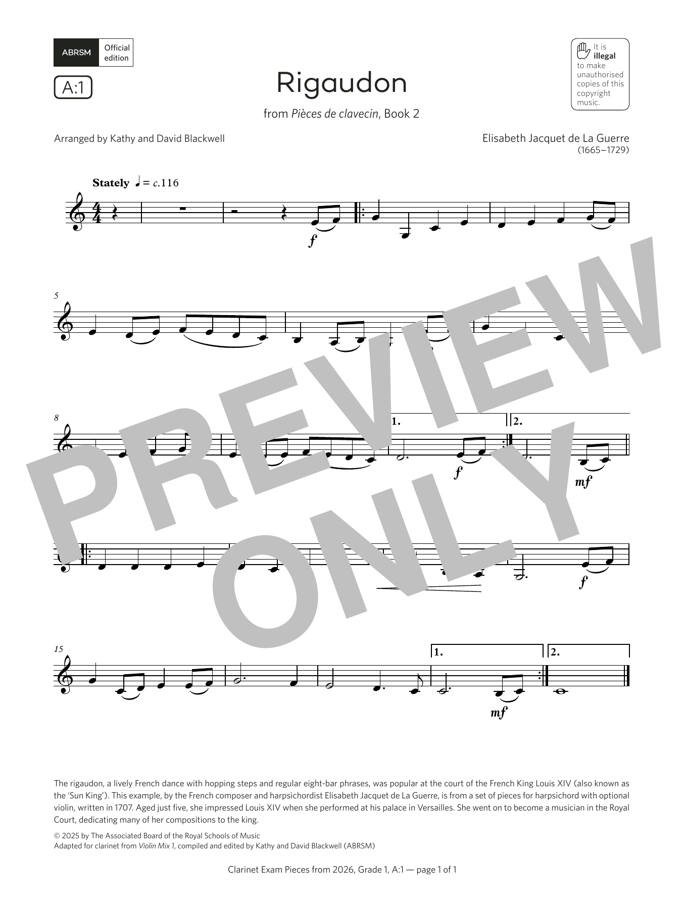 Download Elisabeth Jacquet de La Guerre Rigaudon (Grade 1, list A1, from the ABRSM Clarinet Syllabus from 2026) Sheet Music and learn how to play Clarinet Solo PDF digital score in minutes