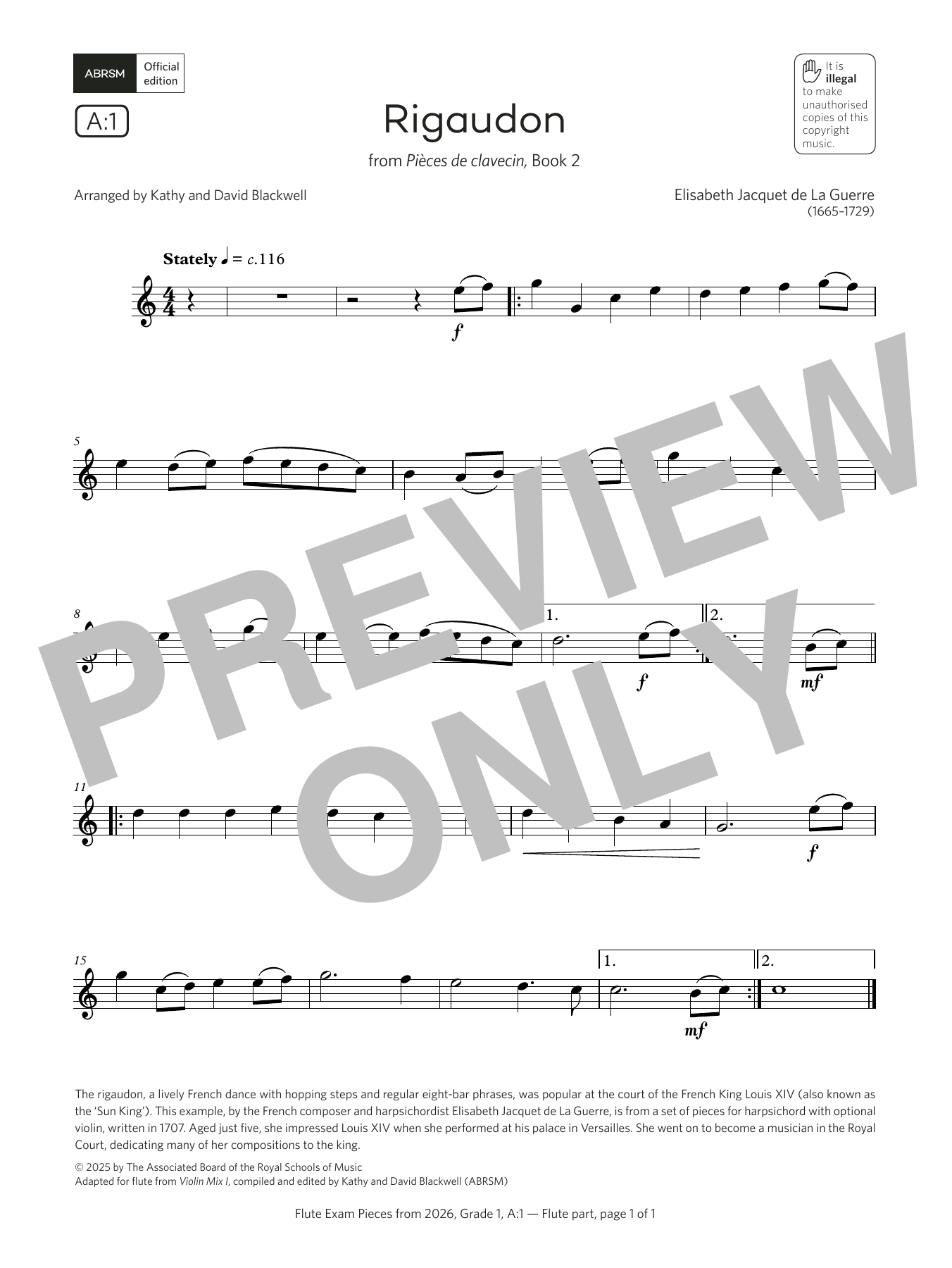 Download Elisabeth Jacquet de La Guerre Rigaudon (Grade 1, list A1, from the ABRSM Flute Syllabus from 2026) Sheet Music and learn how to play Flute Solo PDF digital score in minutes