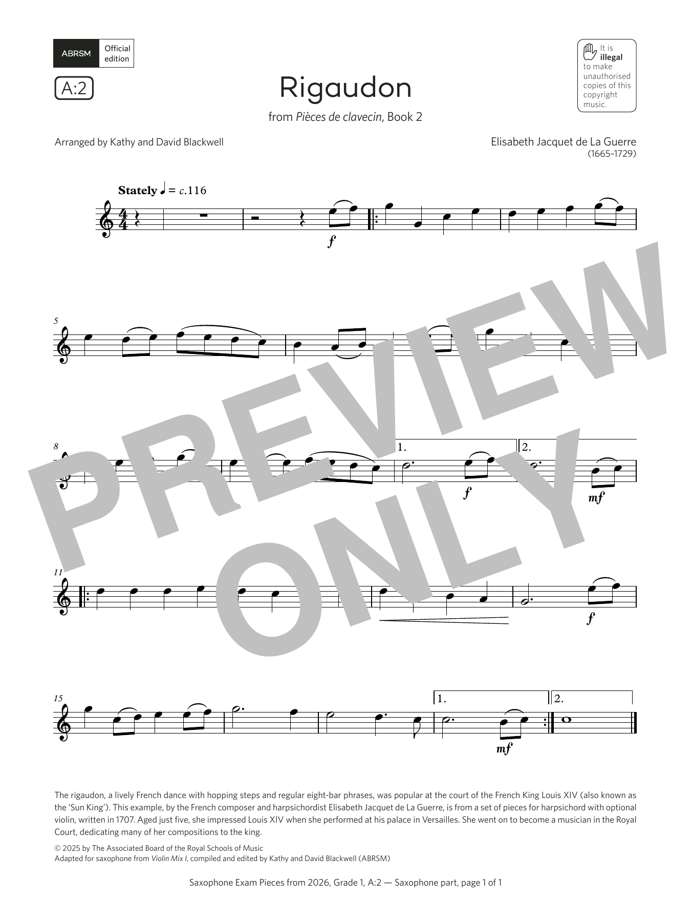 Download Elisabeth Jacquet de La Guerre Rigaudon (Grade 1, list A2, from the ABRSM Saxophone Syllabus from 2026) Sheet Music and learn how to play Alto Sax Solo PDF digital score in minutes