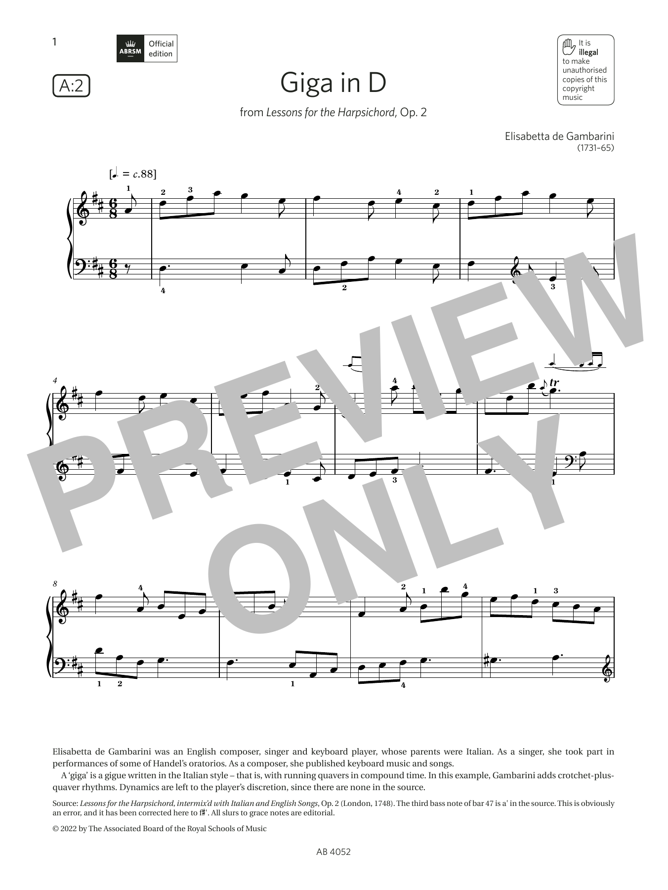 Download Elisabetta de Gambarini Giga in D (Grade 6, list A2, from the ABRSM Piano Syllabus 2023 & 2024) Sheet Music and learn how to play Piano Solo PDF digital score in minutes