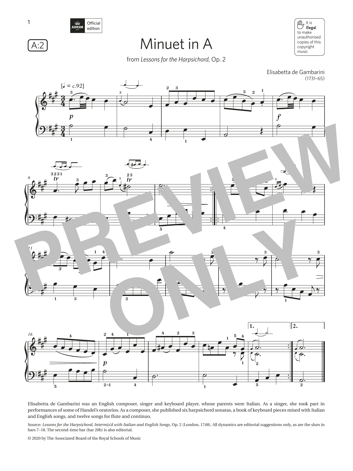 Download Elisabetta de Gambarini Minuet in A (Grade 2, list A2, from the ABRSM Piano Syllabus 2021 & 2022) Sheet Music and learn how to play Piano Solo PDF digital score in minutes