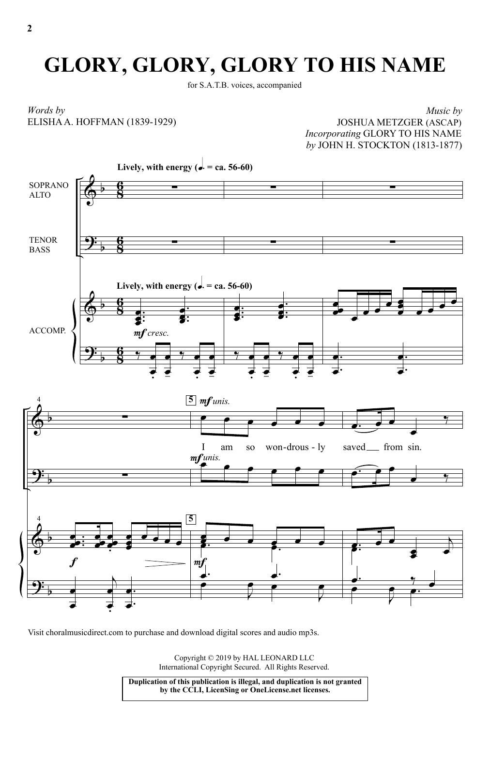 Download Elisha A. Hoffman and Joshua Metzger Glory, Glory, Glory To His Name Sheet Music and learn how to play SATB Choir PDF digital score in minutes