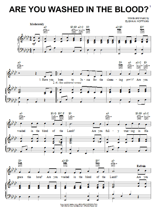Download Elisha A. Hoffman Are You Washed In The Blood? Sheet Music and learn how to play Lyrics & Chords PDF digital score in minutes