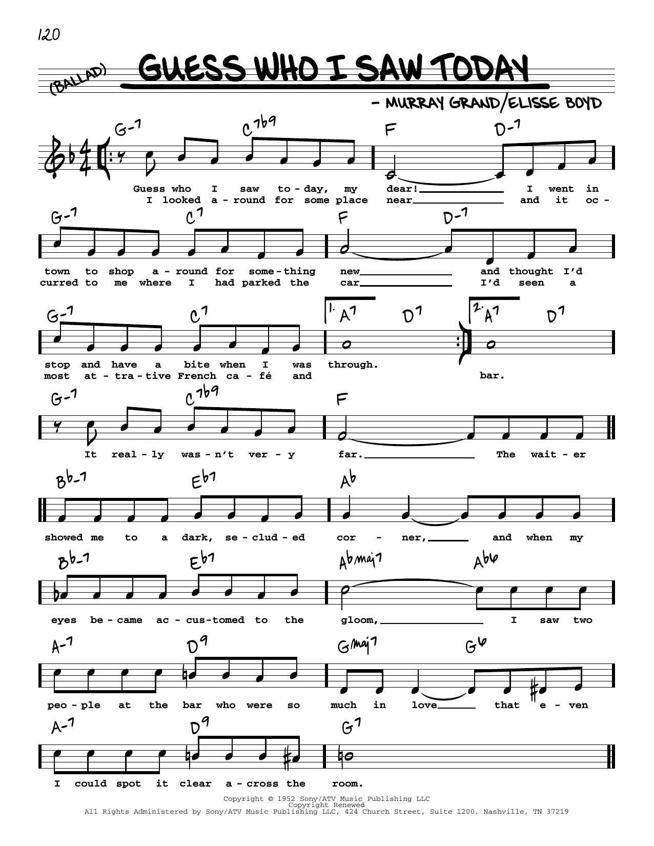 Download Elisse Boyd Guess Who I Saw Today (High Voice) Sheet Music and learn how to play Real Book – Melody, Lyrics & Chords PDF digital score in minutes