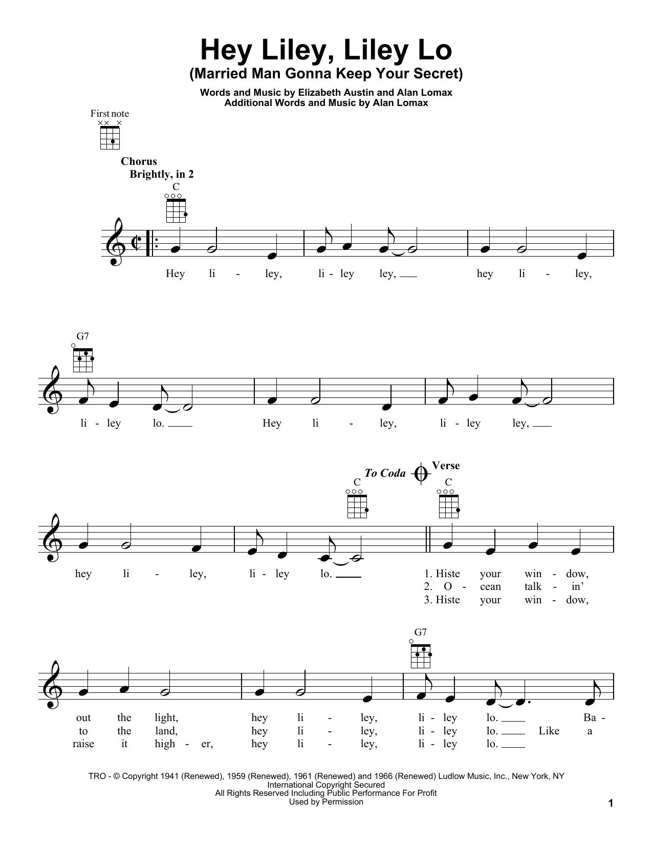 Download Woody Guthrie Hey Liley, Liley Lo (Married Man Gonna Keep Your Secret) Sheet Music and learn how to play Ukulele PDF digital score in minutes