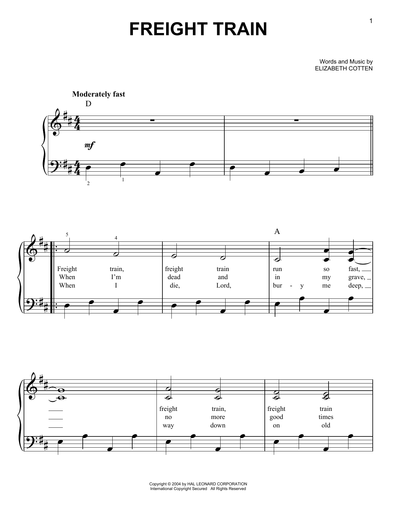 Download Elizabeth Cotten Freight Train Sheet Music and learn how to play Melody Line, Lyrics & Chords PDF digital score in minutes