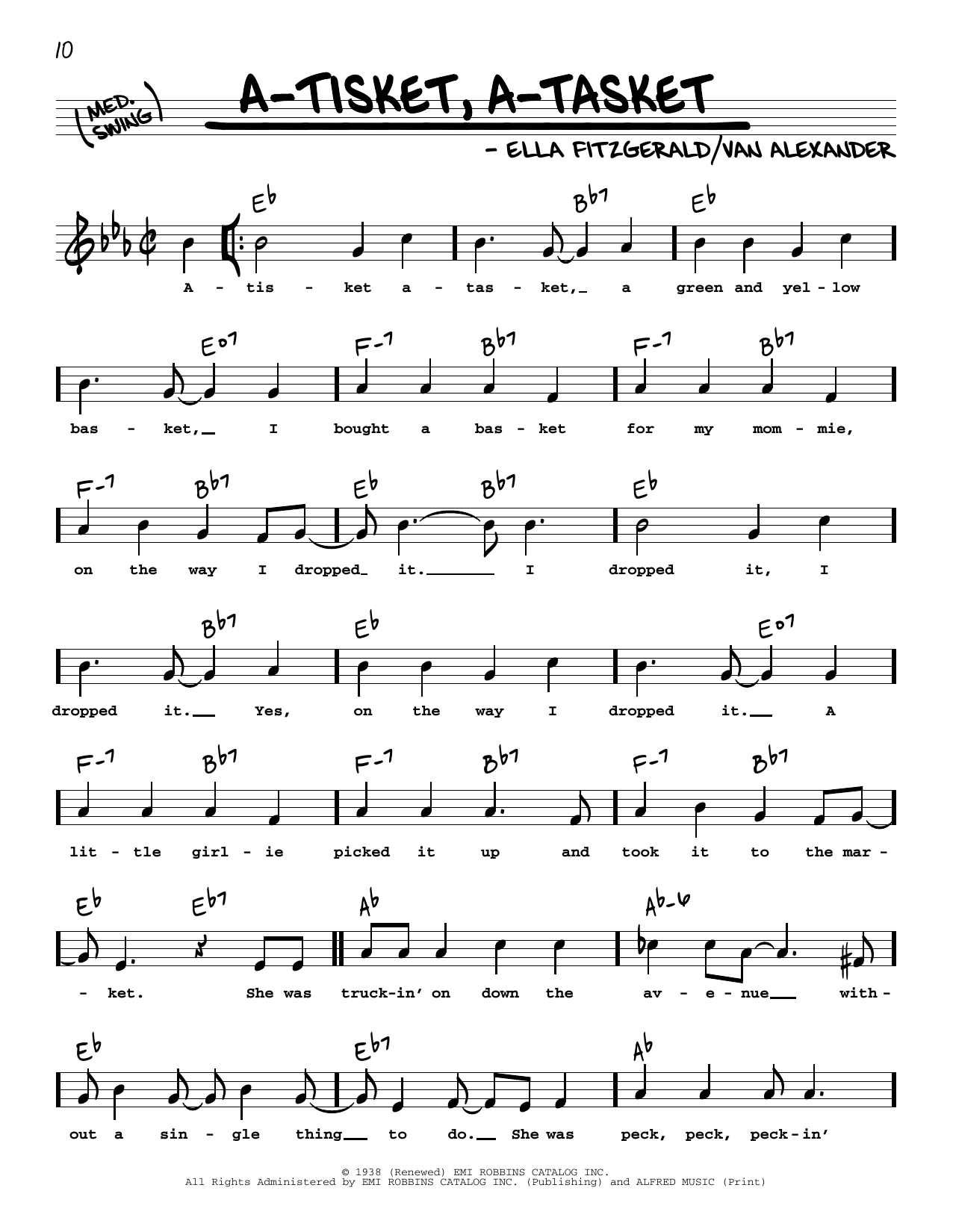 Download Ella Fitzgerald A-Tisket, A-Tasket (High Voice) Sheet Music and learn how to play Real Book – Melody, Lyrics & Chords PDF digital score in minutes