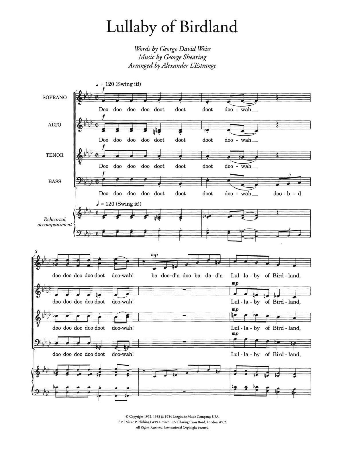Download Ella Fitzgerald Lullaby Of Birdland (arr. Alexander L'Estrange) Sheet Music and learn how to play Choir PDF digital score in minutes