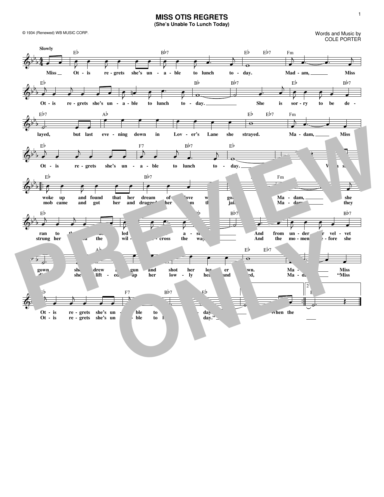 Download Ella Fitzgerald Miss Otis Regrets (She's Unable To Lunch Today) Sheet Music and learn how to play Melody Line, Lyrics & Chords PDF digital score in minutes