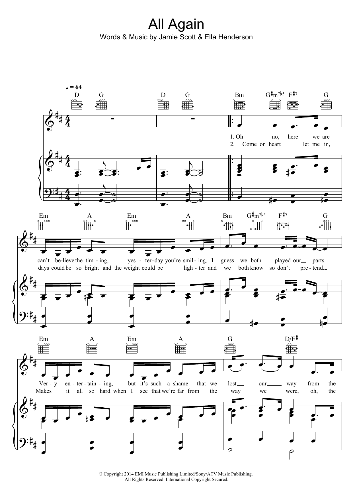 Download Ella Henderson All Again Sheet Music and learn how to play Piano, Vocal & Guitar (Right-Hand Melody) PDF digital score in minutes