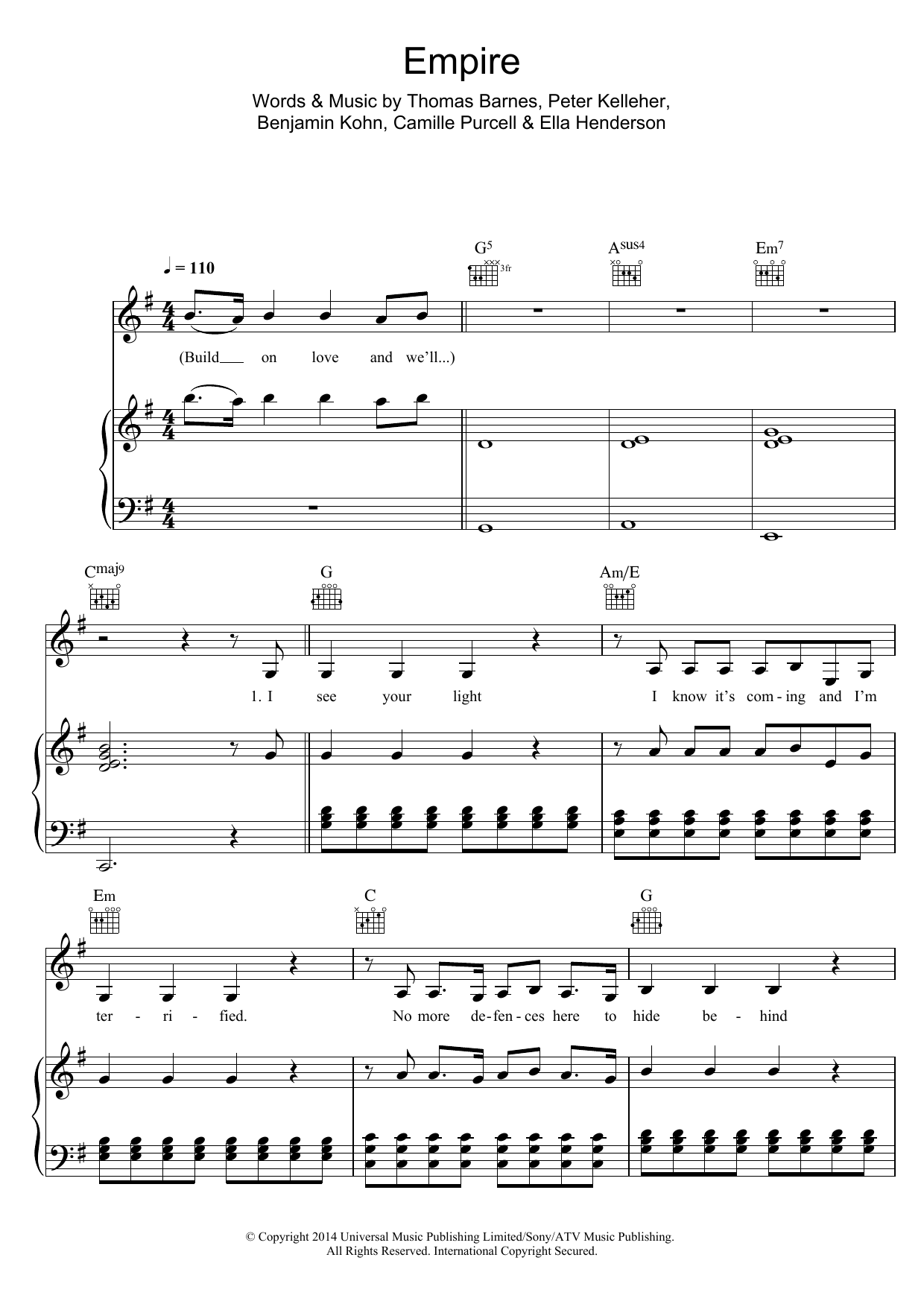 Download Ella Henderson Empire Sheet Music and learn how to play Piano, Vocal & Guitar (Right-Hand Melody) PDF digital score in minutes