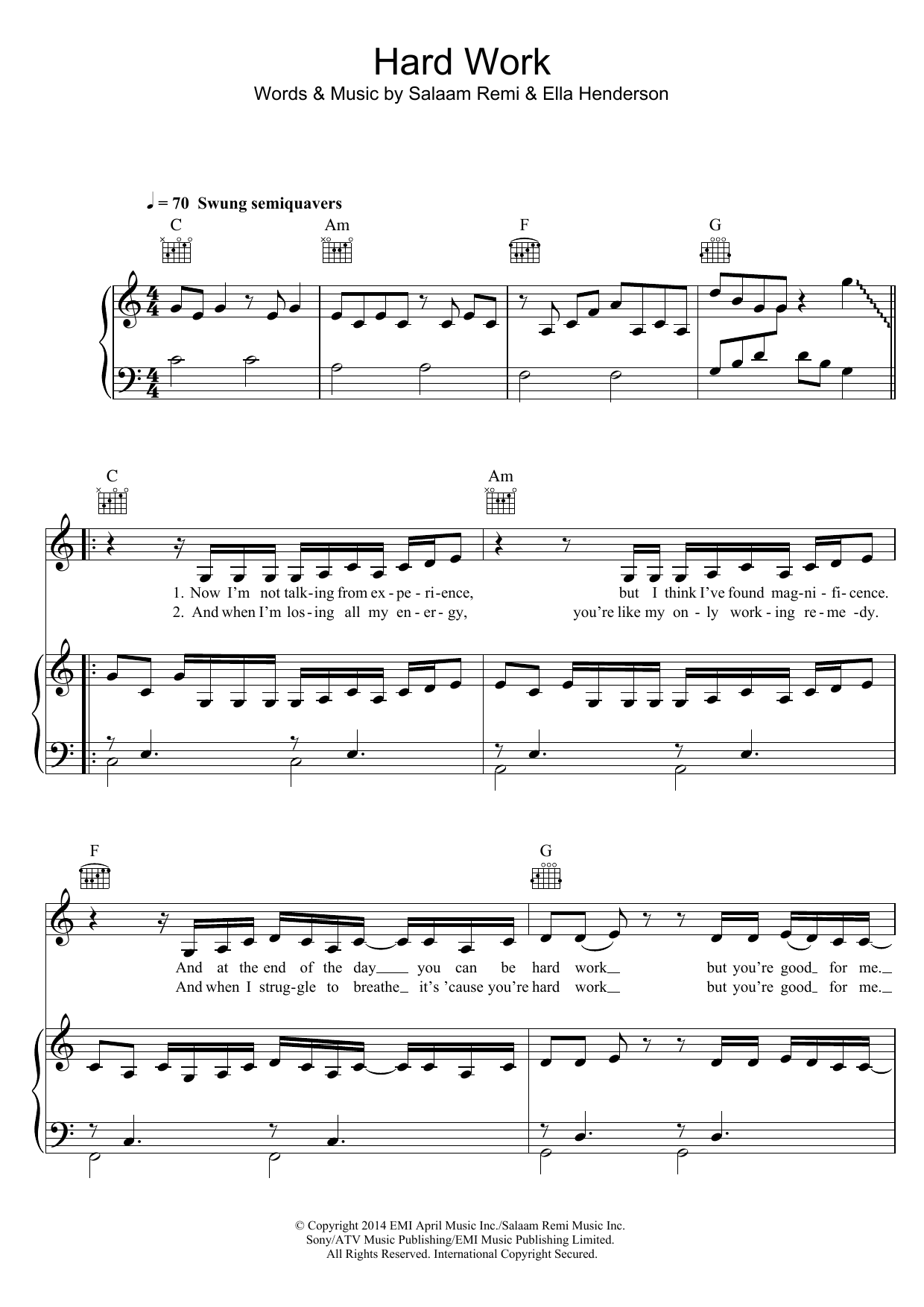 Download Ella Henderson Hard Work Sheet Music and learn how to play Piano, Vocal & Guitar (Right-Hand Melody) PDF digital score in minutes