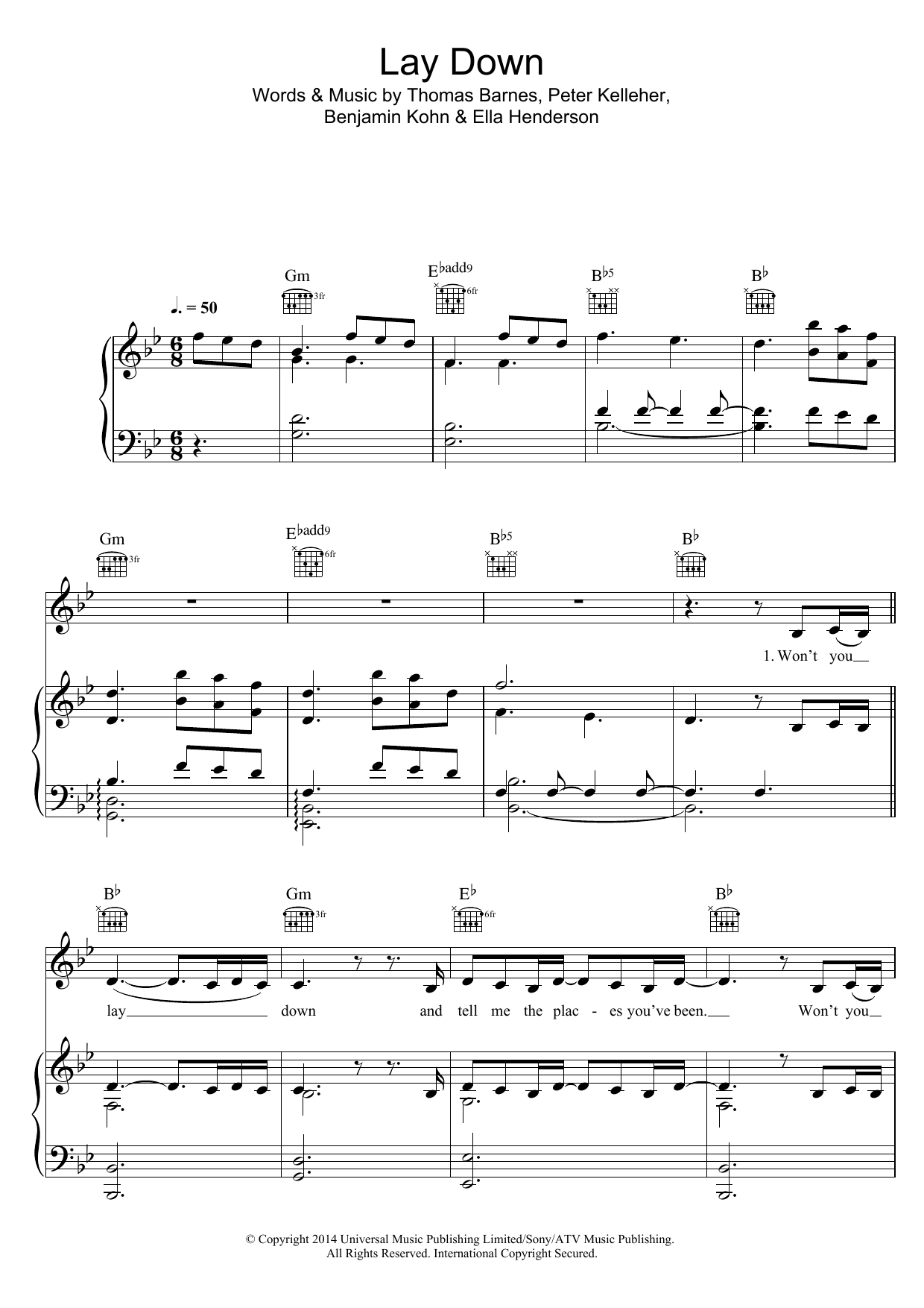 Download Ella Henderson Lay Down Sheet Music and learn how to play Piano, Vocal & Guitar (Right-Hand Melody) PDF digital score in minutes