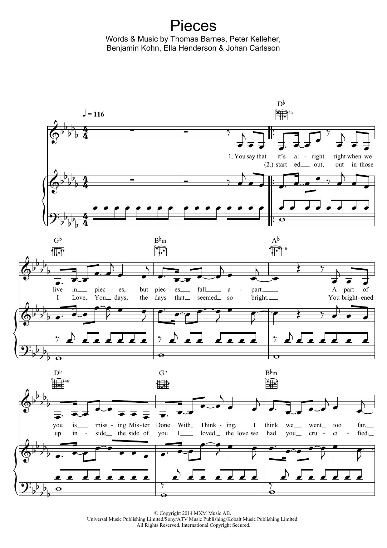 Download Ella Henderson Pieces Sheet Music and learn how to play Piano, Vocal & Guitar (Right-Hand Melody) PDF digital score in minutes
