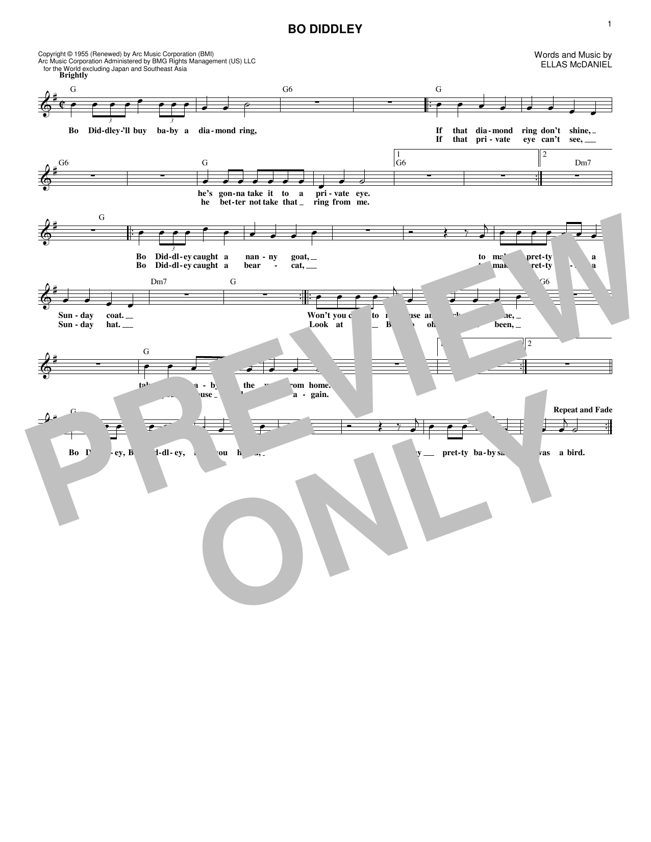 Download Ellas McDaniel Bo Diddley Sheet Music and learn how to play Melody Line, Lyrics & Chords PDF digital score in minutes
