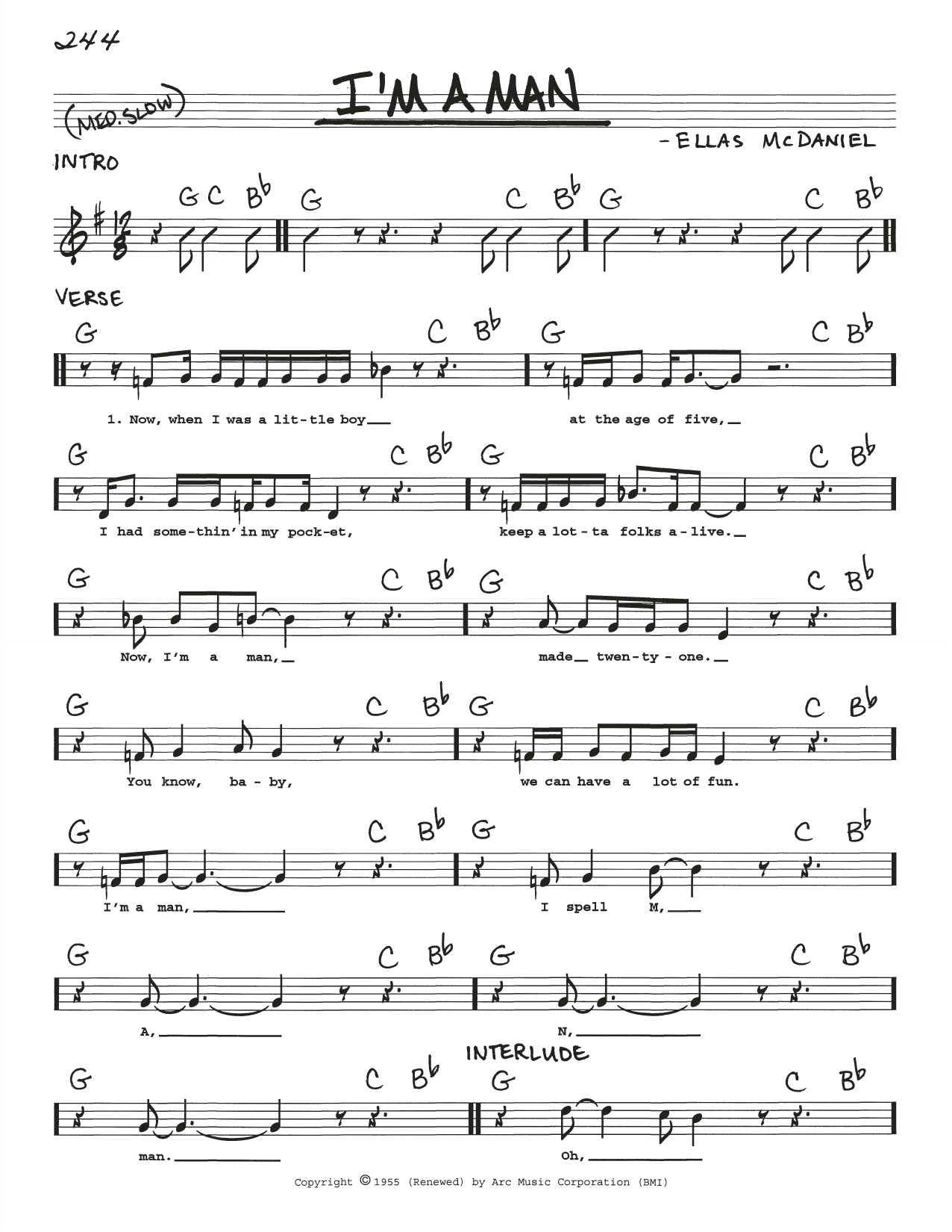 Download Ellas McDaniel I'm A Man Sheet Music and learn how to play Real Book – Melody, Lyrics & Chords PDF digital score in minutes