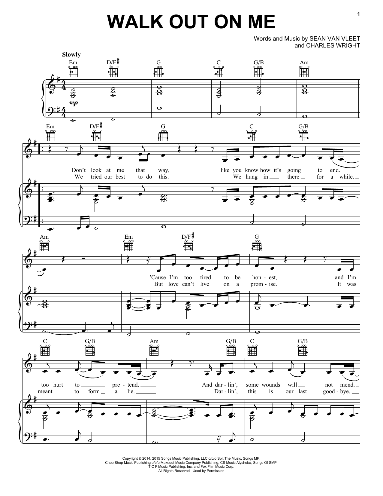 Download Elle Dallas Walk Out On Me (feat. Courtney Love) Sheet Music and learn how to play Piano, Vocal & Guitar (Right-Hand Melody) PDF digital score in minutes
