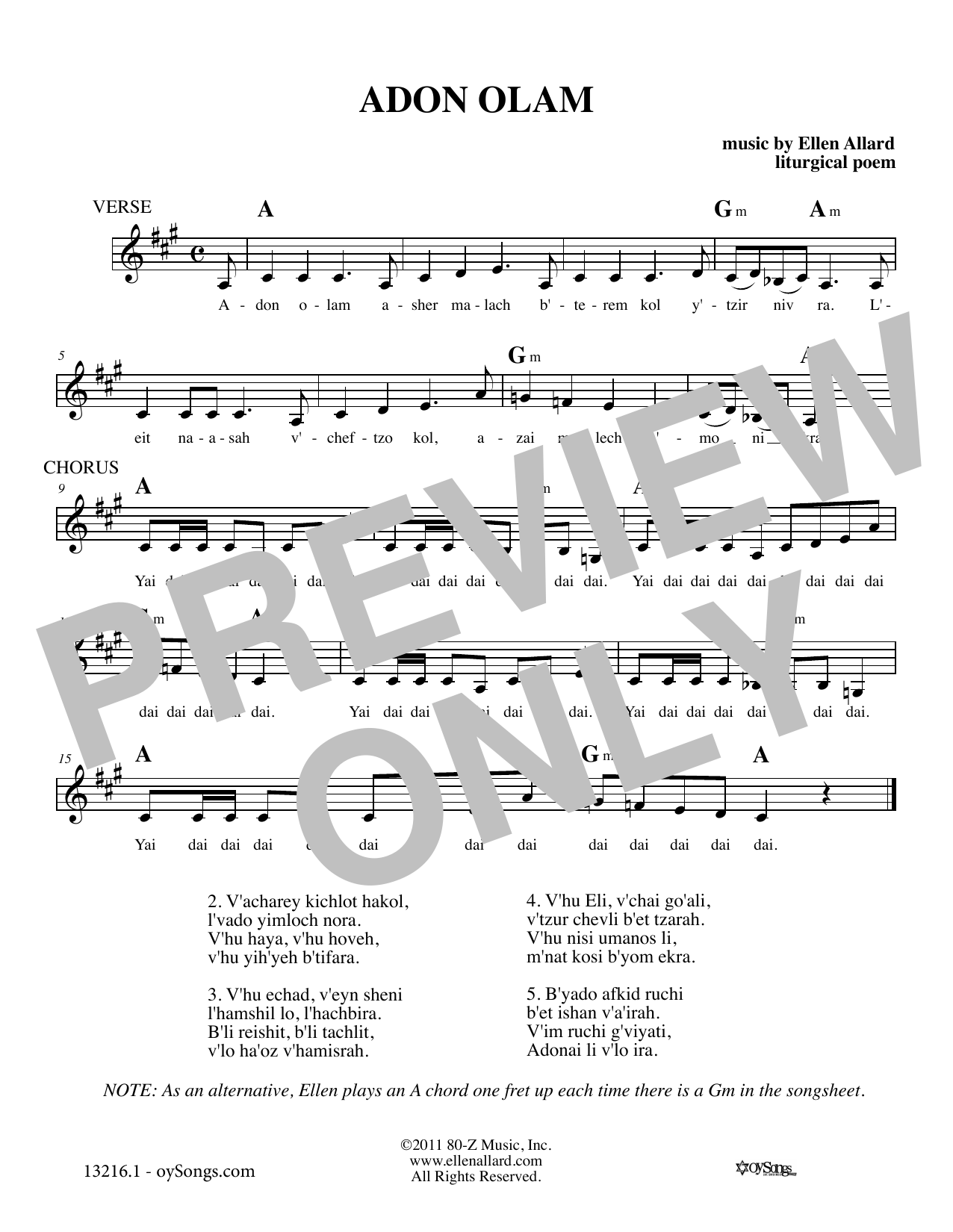 Download Ellen Allard Adon Olam Sheet Music and learn how to play Melody Line, Lyrics & Chords PDF digital score in minutes