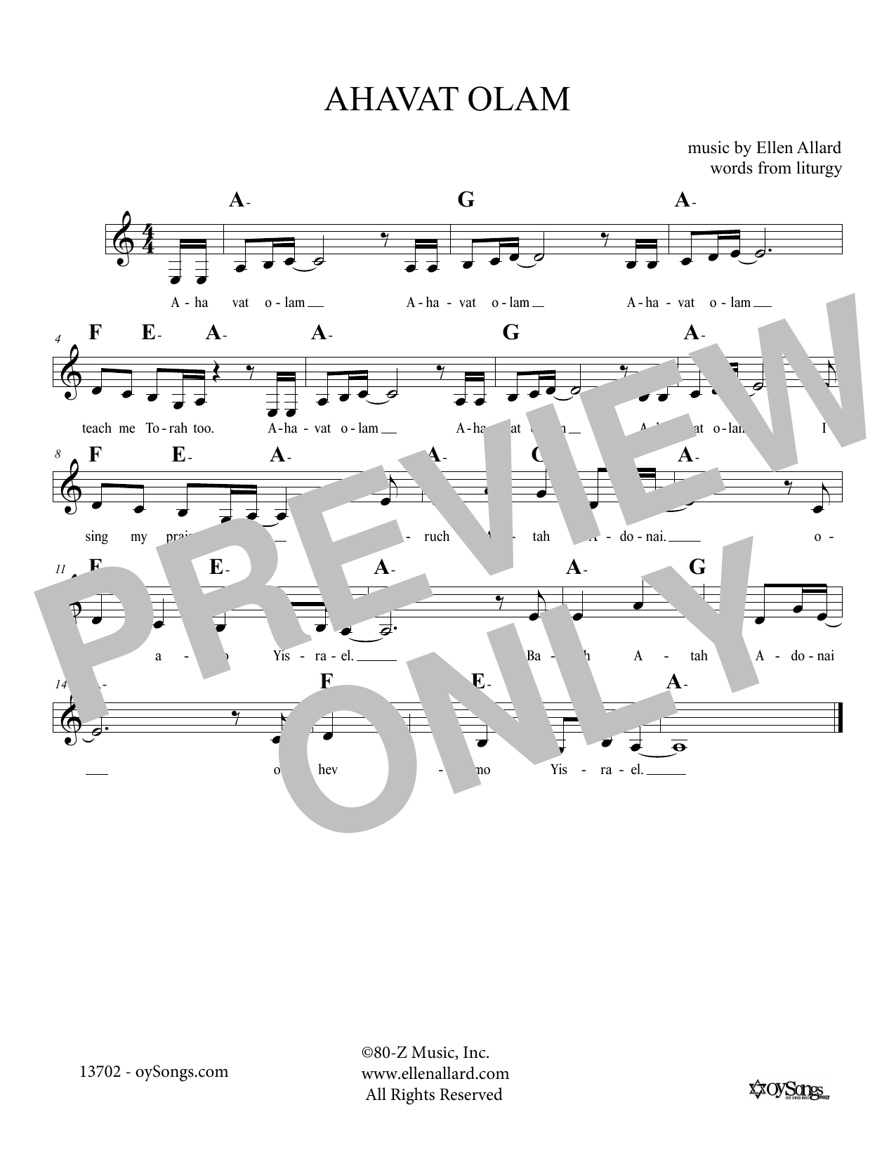 Download Ellen Allard Ahavat Olam Sheet Music and learn how to play Melody Line, Lyrics & Chords PDF digital score in minutes