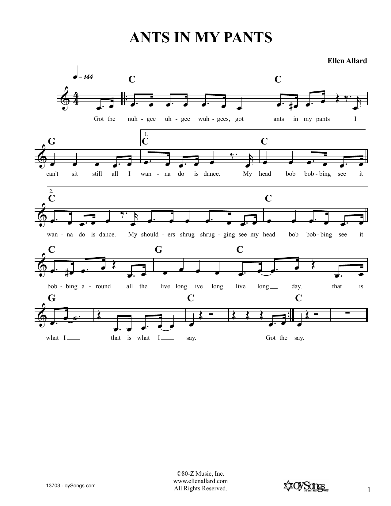 Download Ellen Allard Ants In My Pants Sheet Music and learn how to play Melody Line, Lyrics & Chords PDF digital score in minutes