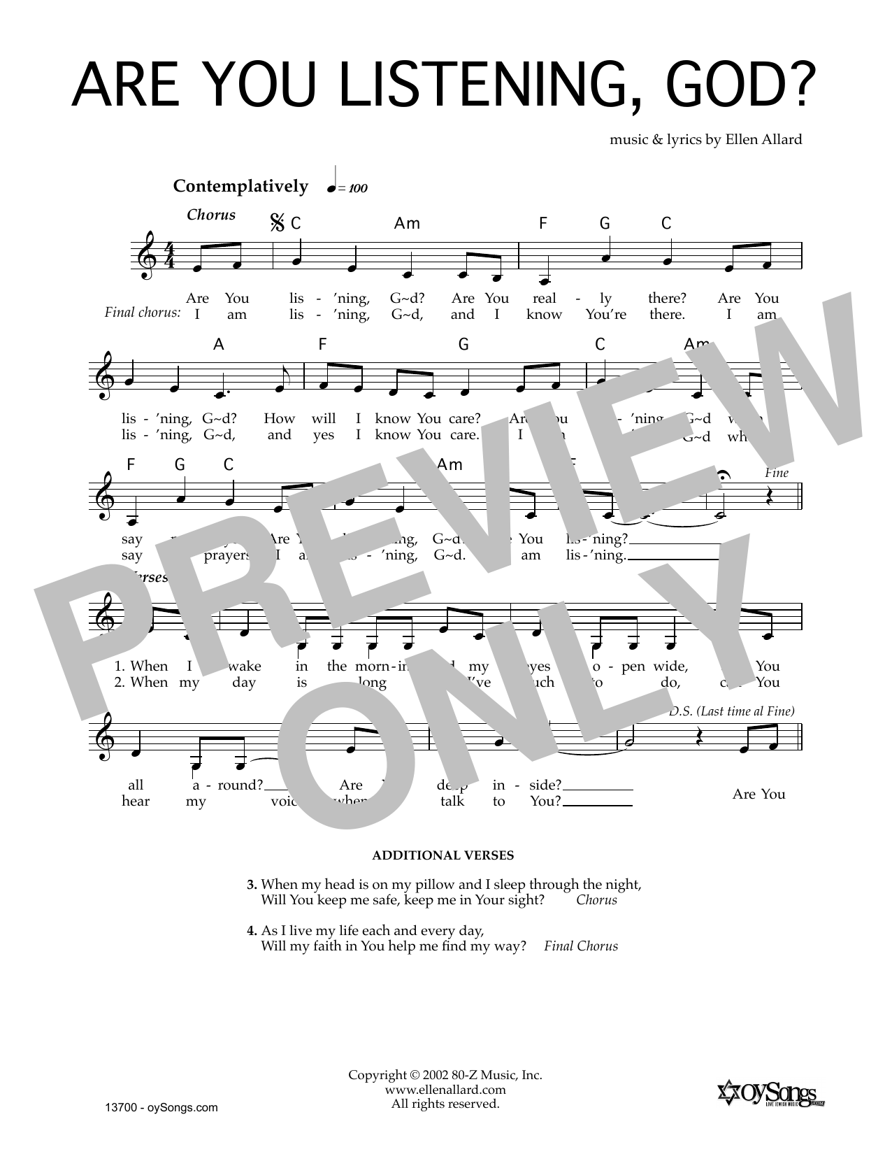 Download Ellen Allard Are You Listening God Sheet Music and learn how to play Melody Line, Lyrics & Chords PDF digital score in minutes