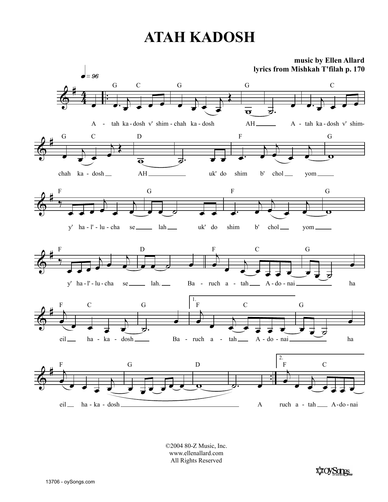 Download Ellen Allard Atah Kadosh Sheet Music and learn how to play Melody Line, Lyrics & Chords PDF digital score in minutes