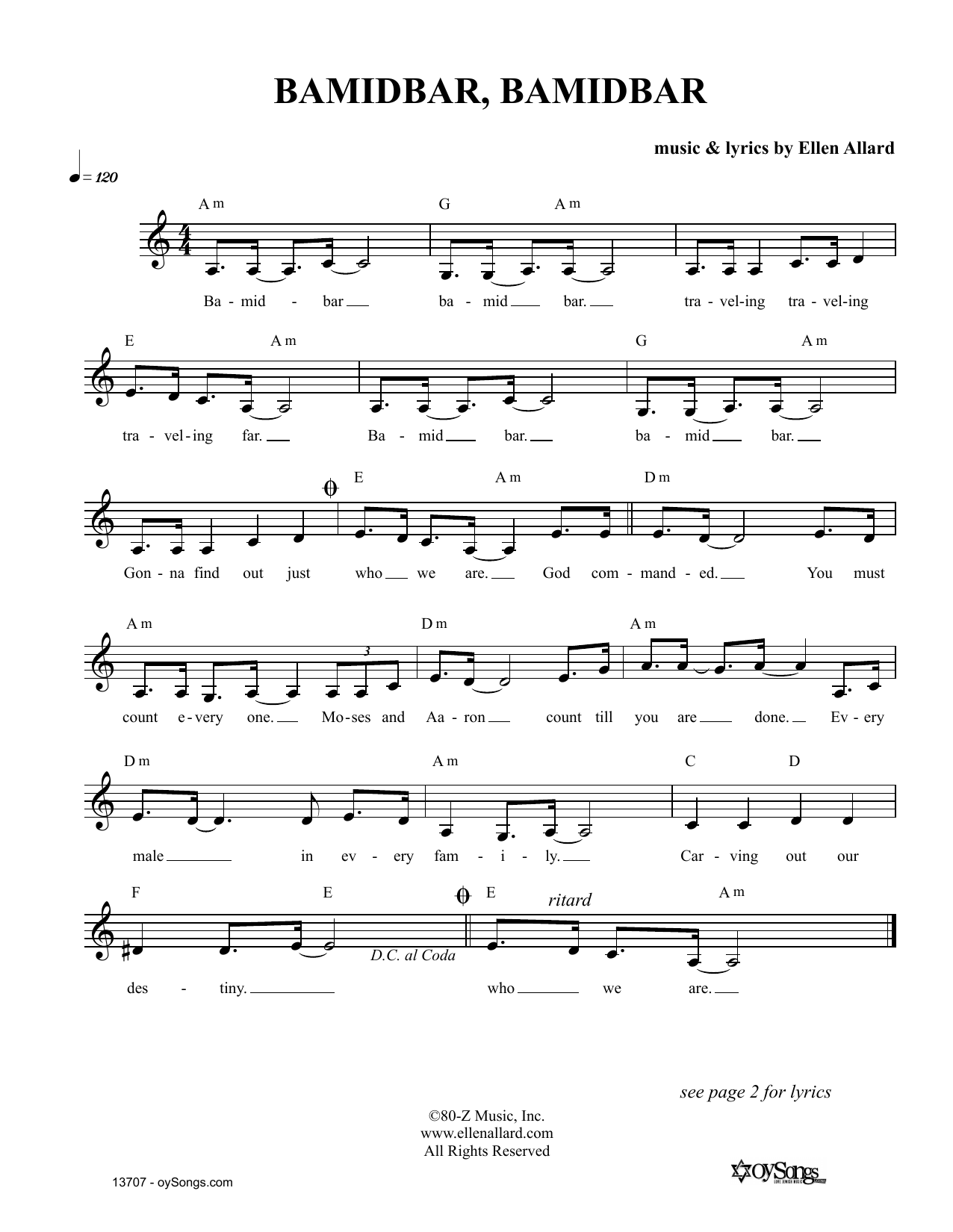 Download Ellen Allard Bamidbar Bamidbar Sheet Music and learn how to play Melody Line, Lyrics & Chords PDF digital score in minutes