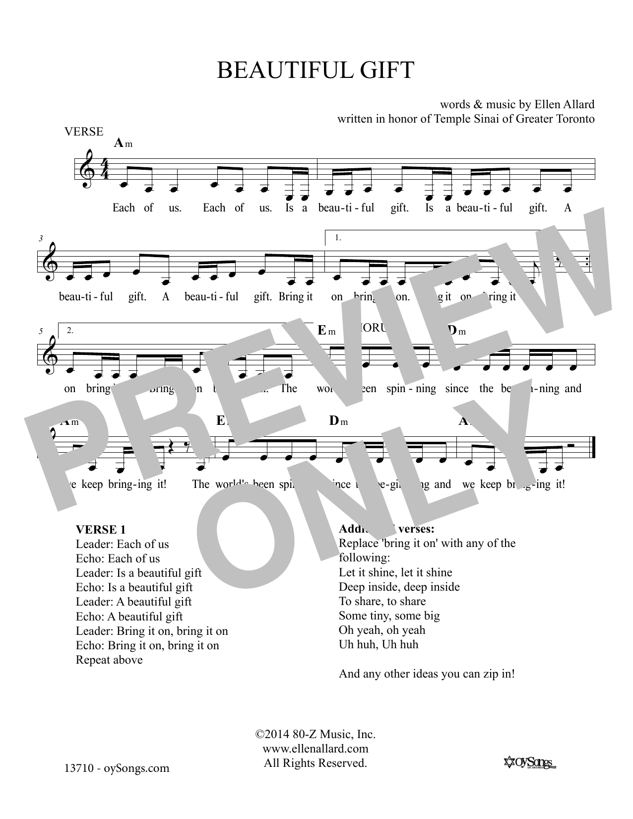Download Ellen Allard Beautiful Gift Sheet Music and learn how to play Melody Line, Lyrics & Chords PDF digital score in minutes