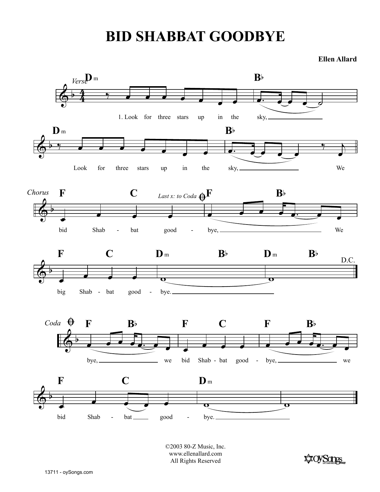 Download Ellen Allard Bid Shabbat Goodbye Sheet Music and learn how to play Melody Line, Lyrics & Chords PDF digital score in minutes