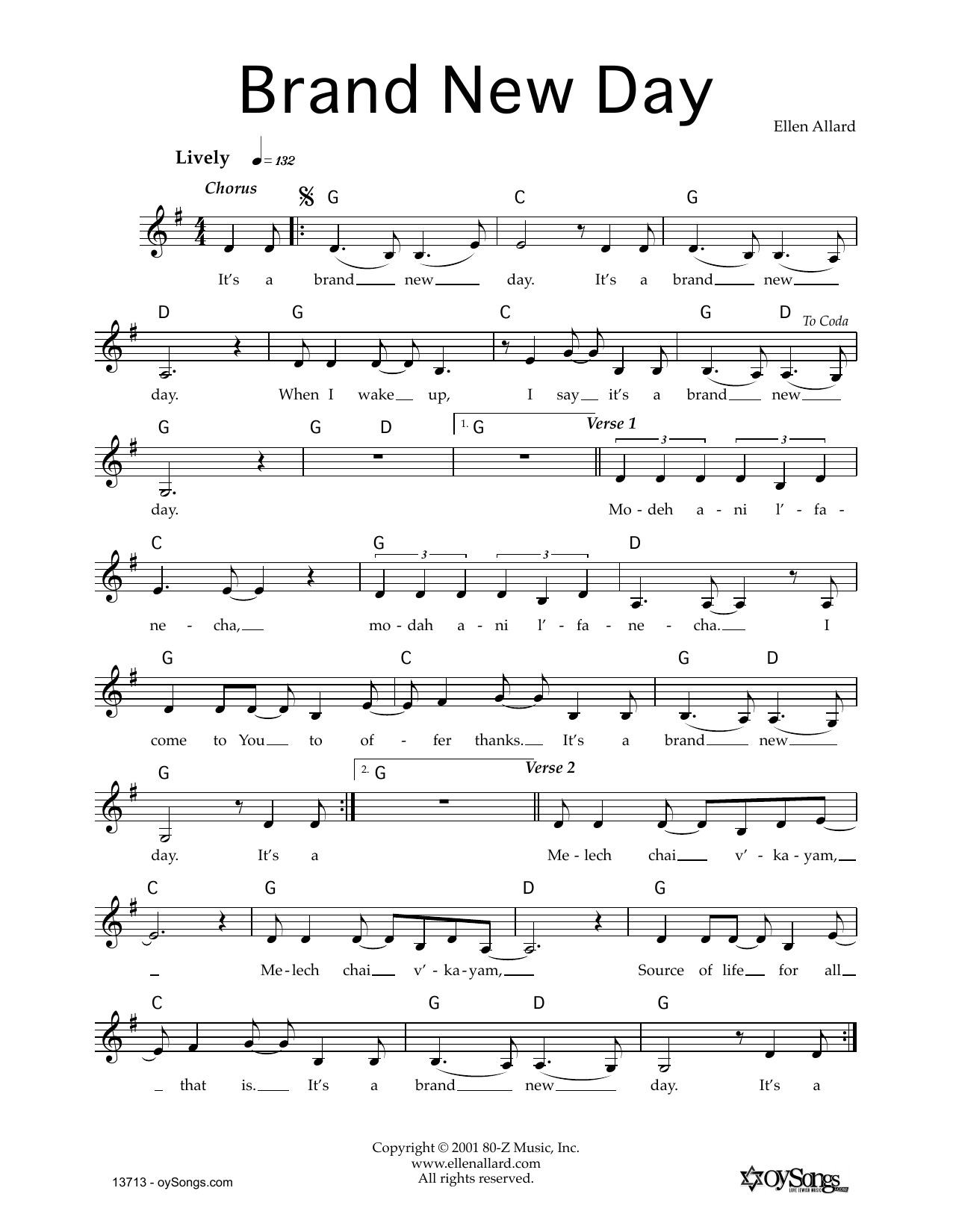 Download Ellen Allard Brand New Day Sheet Music and learn how to play Melody Line, Lyrics & Chords PDF digital score in minutes