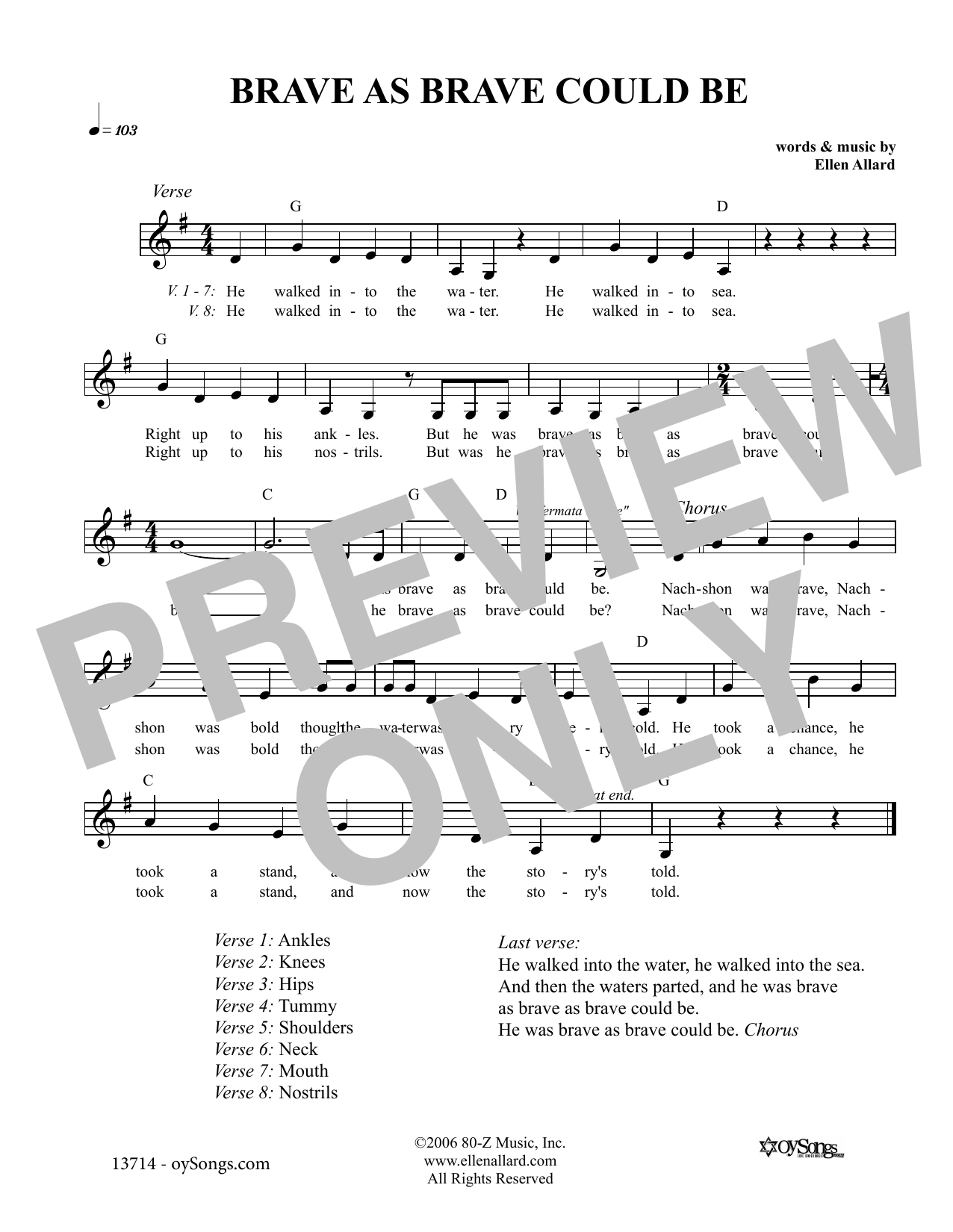 Download Ellen Allard Brave As Brave Could Be Nachshon Sheet Music and learn how to play Melody Line, Lyrics & Chords PDF digital score in minutes