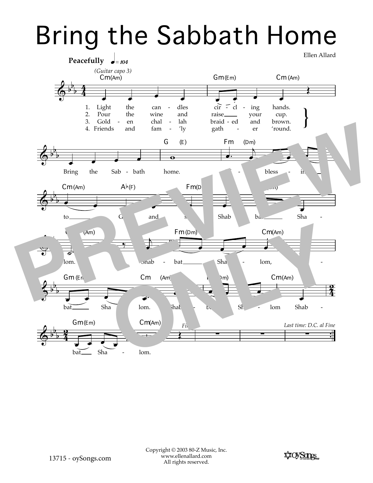 Download Ellen Allard Bring the Sabbath Home Sheet Music and learn how to play Melody Line, Lyrics & Chords PDF digital score in minutes