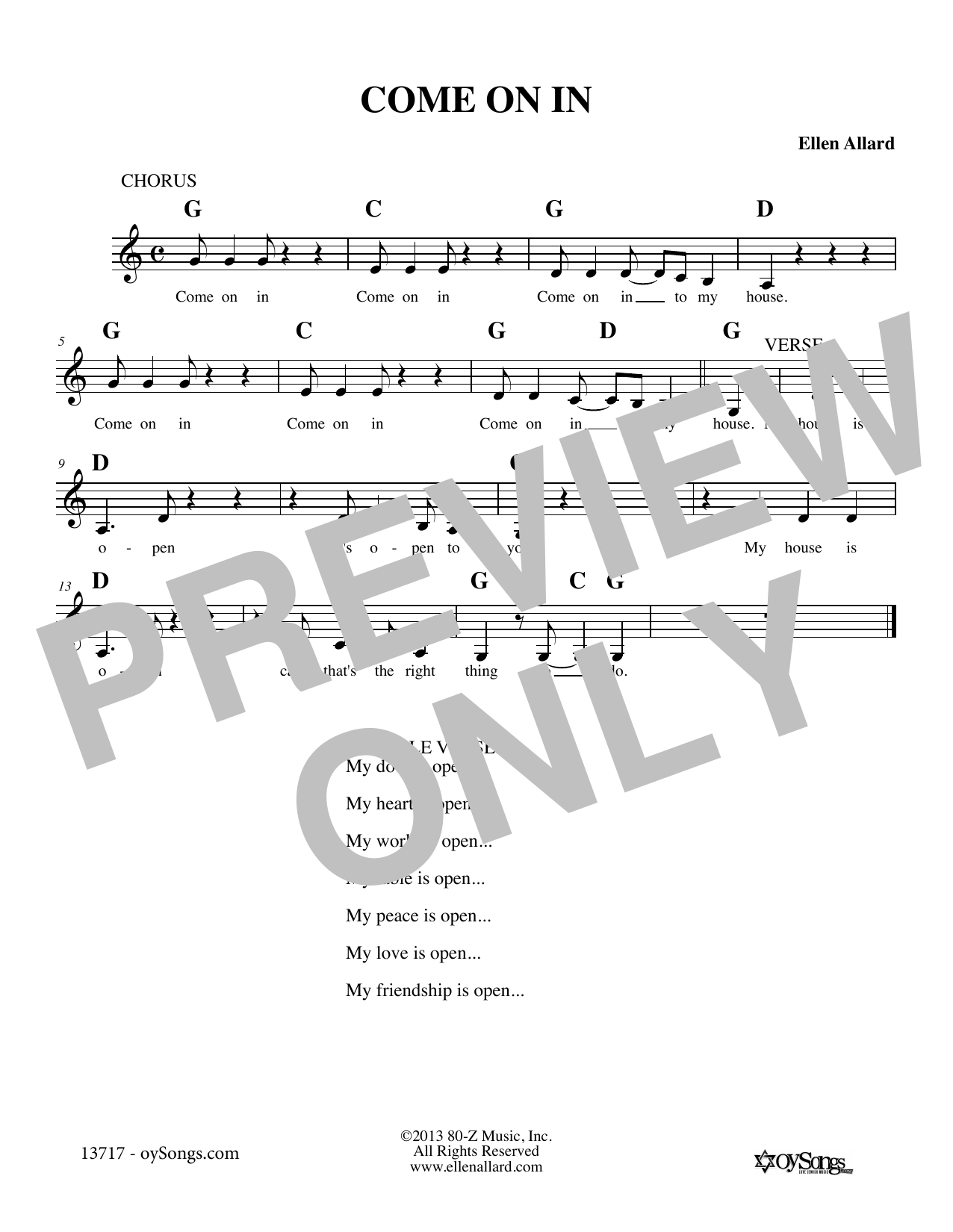 Download Ellen Allard Come On In Sheet Music and learn how to play Melody Line, Lyrics & Chords PDF digital score in minutes