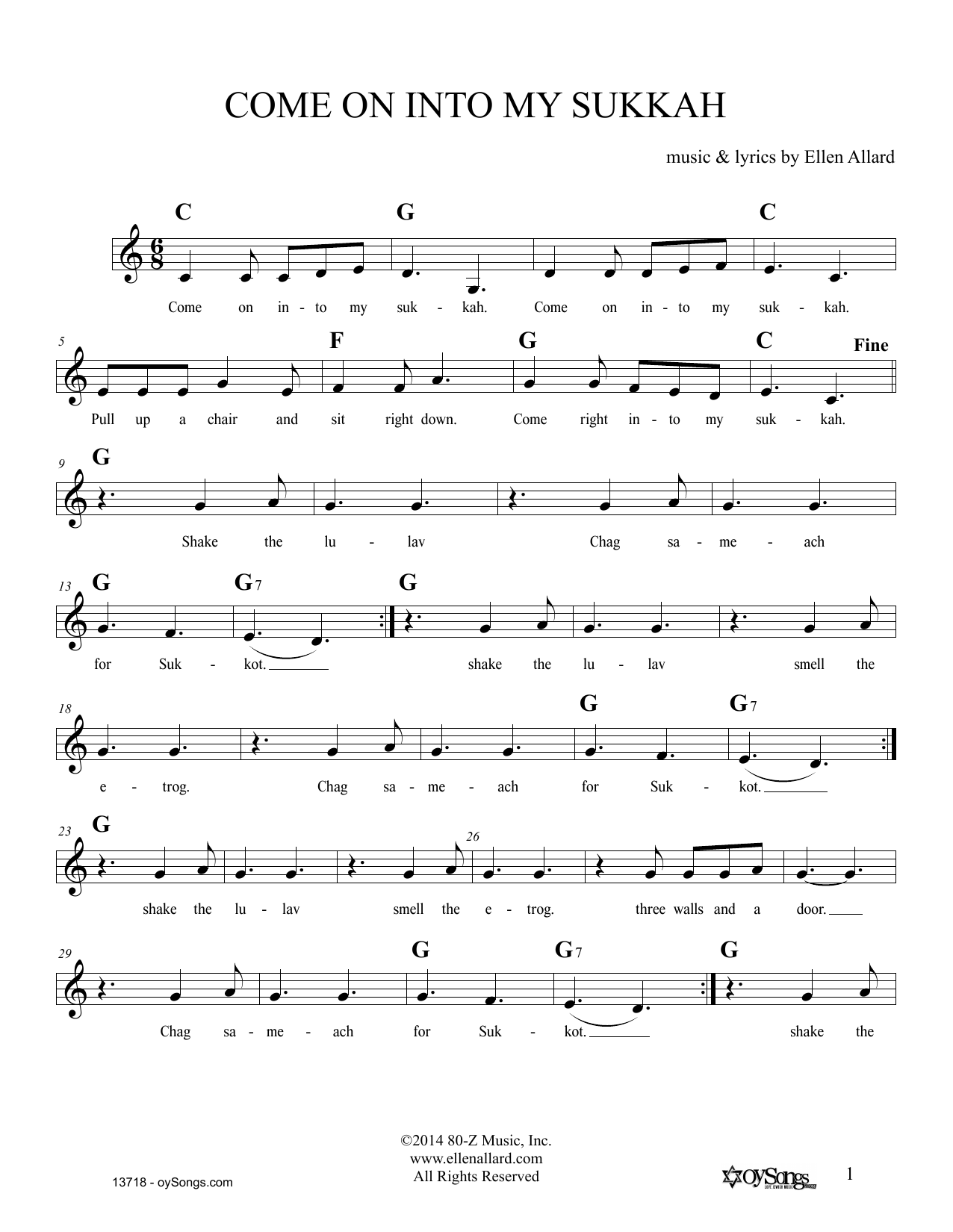 Download Ellen Allard Come On Into My Sukkah Sheet Music and learn how to play Melody Line, Lyrics & Chords PDF digital score in minutes