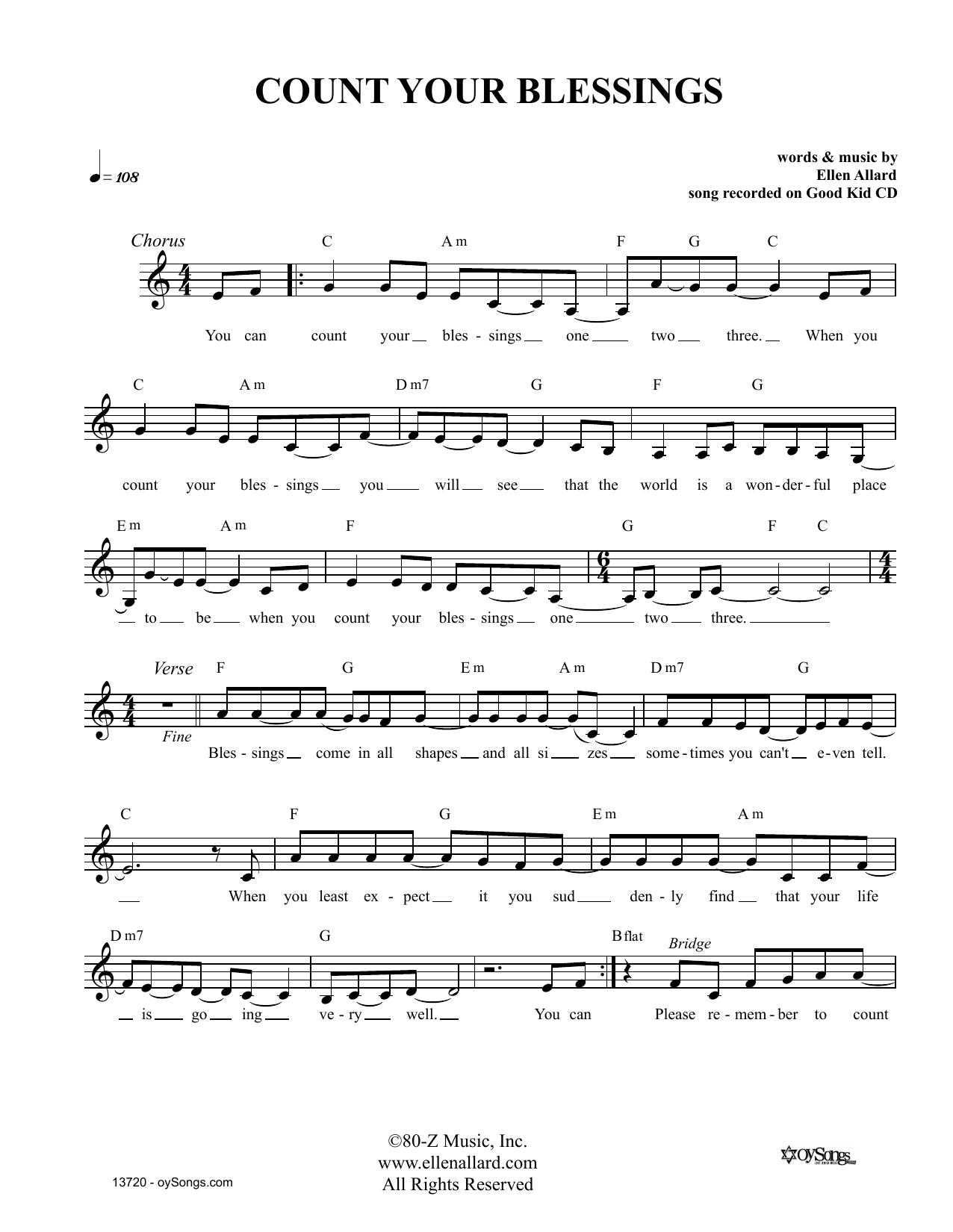 Download Ellen Allard Count Your Blessings Sheet Music and learn how to play Melody Line, Lyrics & Chords PDF digital score in minutes
