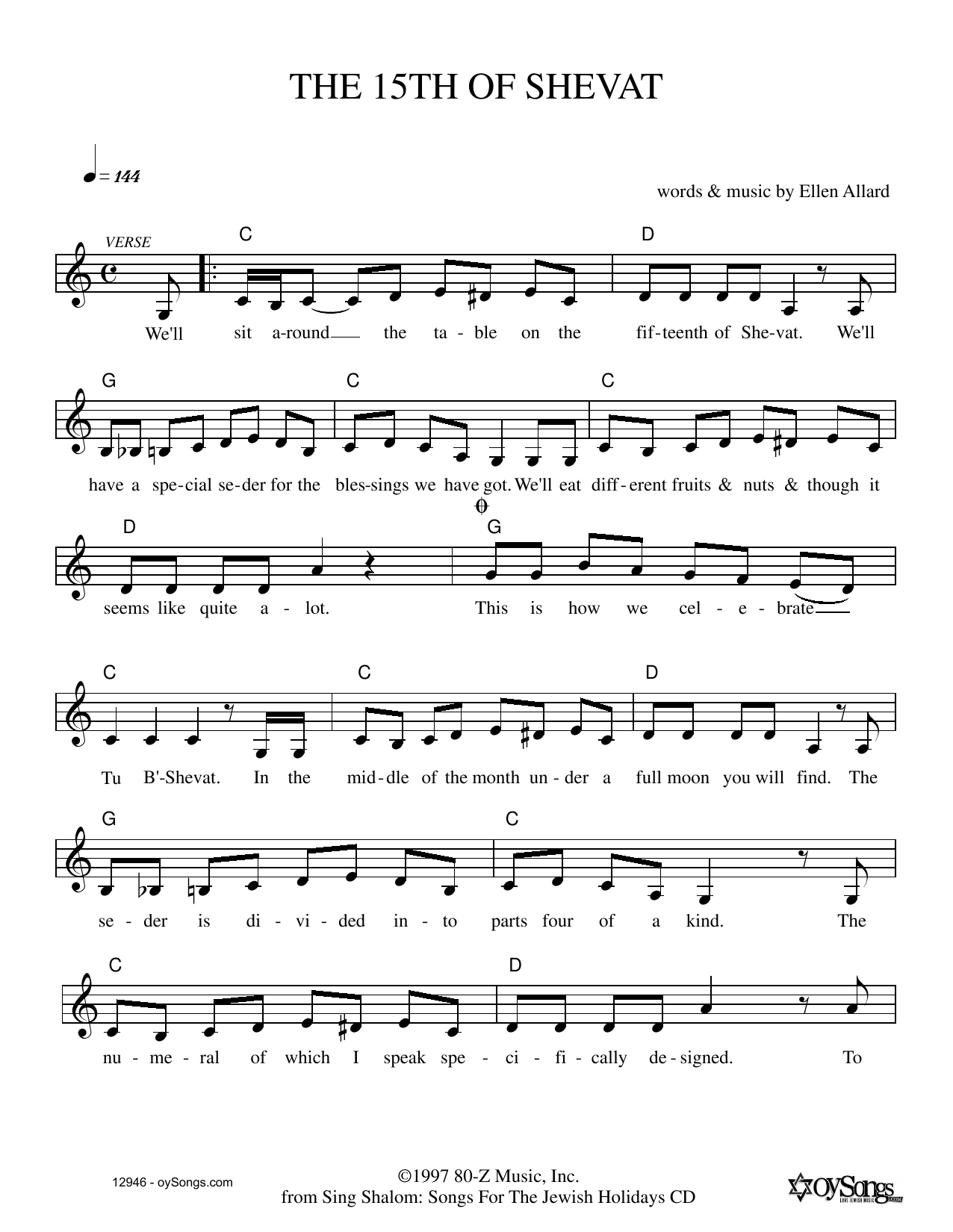 Download Ellen Allard Fifteenth Of Shevat Sheet Music and learn how to play Melody Line, Lyrics & Chords PDF digital score in minutes
