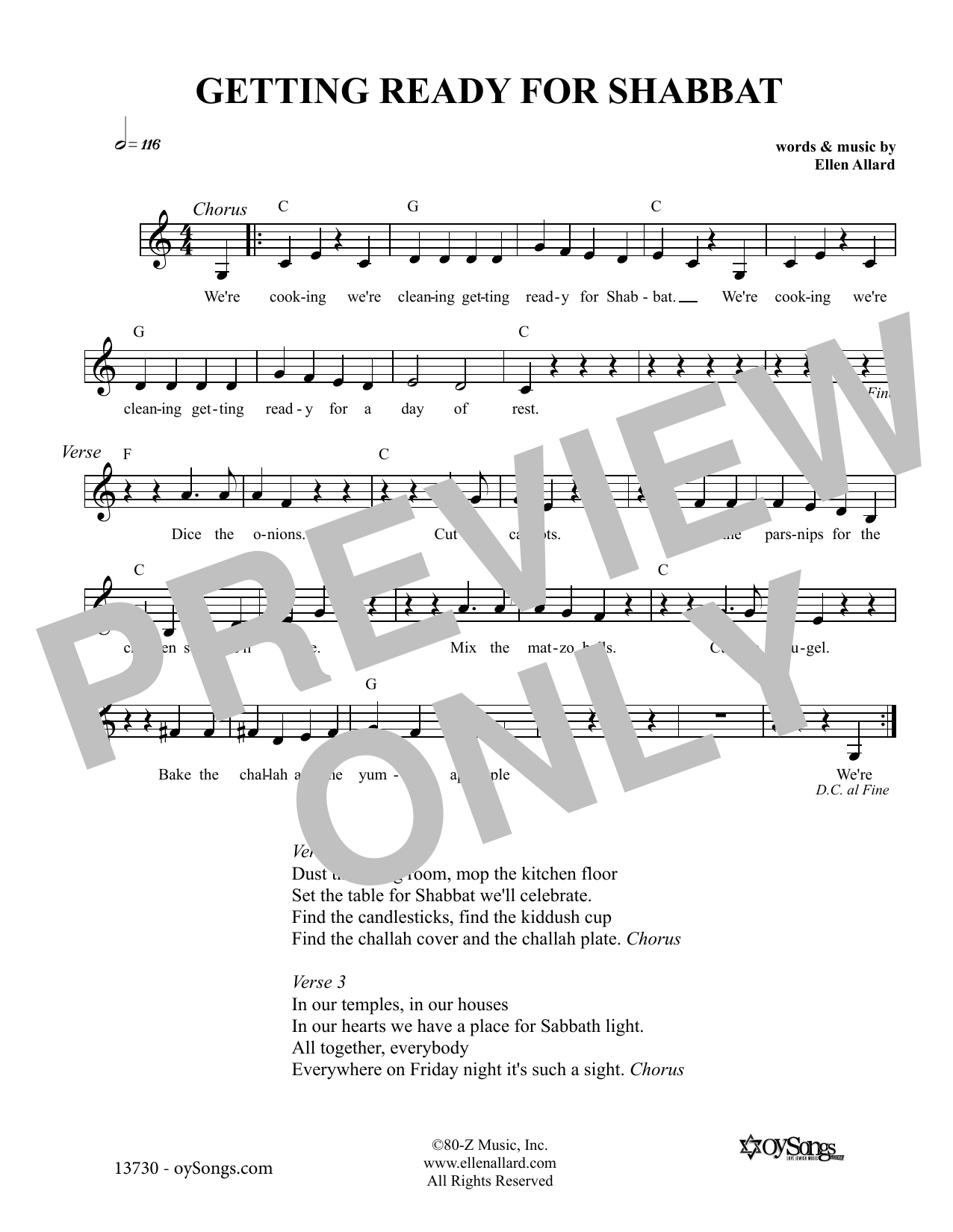 Download Ellen Allard Getting Ready For Shabbat Sheet Music and learn how to play Melody Line, Lyrics & Chords PDF digital score in minutes