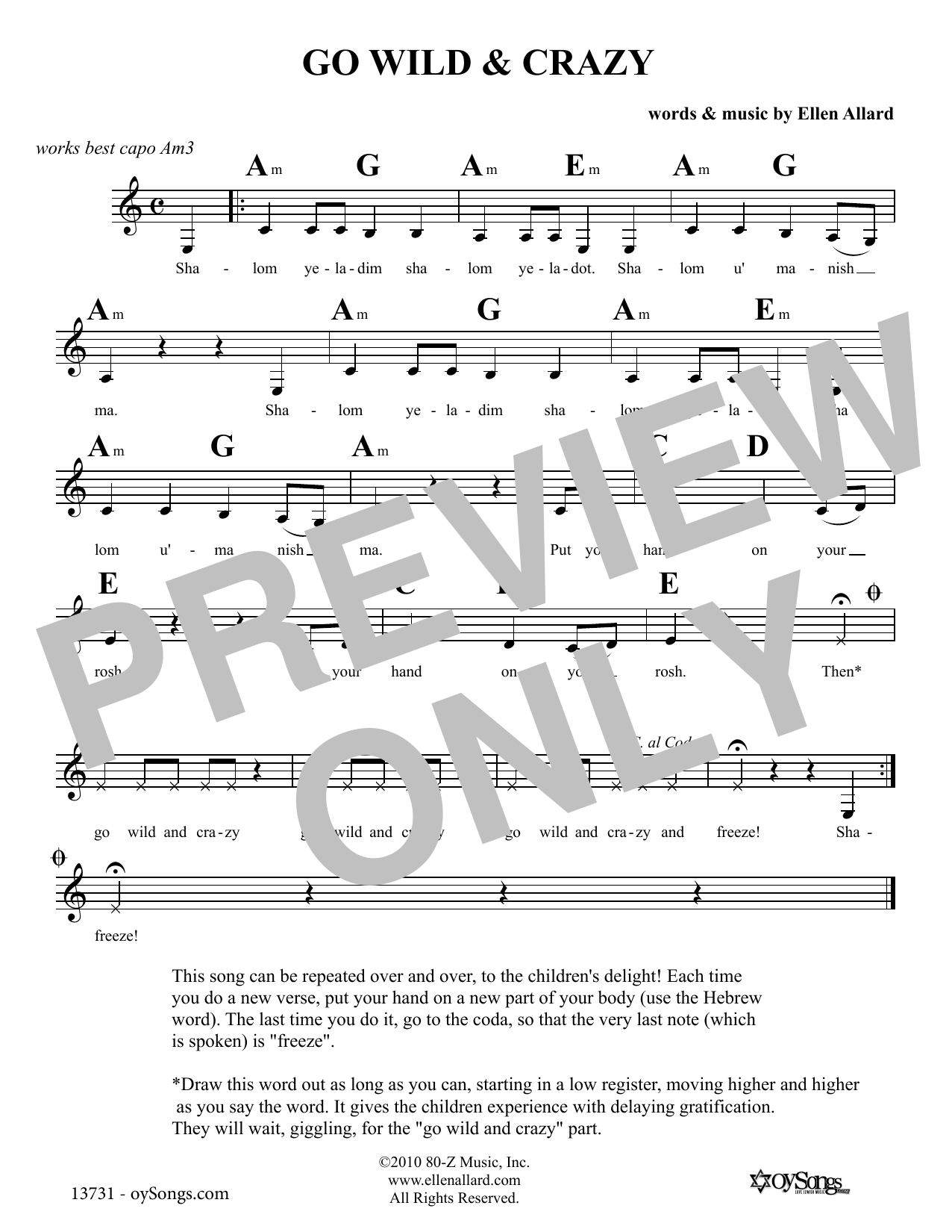 Download Ellen Allard Go Wild & Crazy Sheet Music and learn how to play Melody Line, Lyrics & Chords PDF digital score in minutes