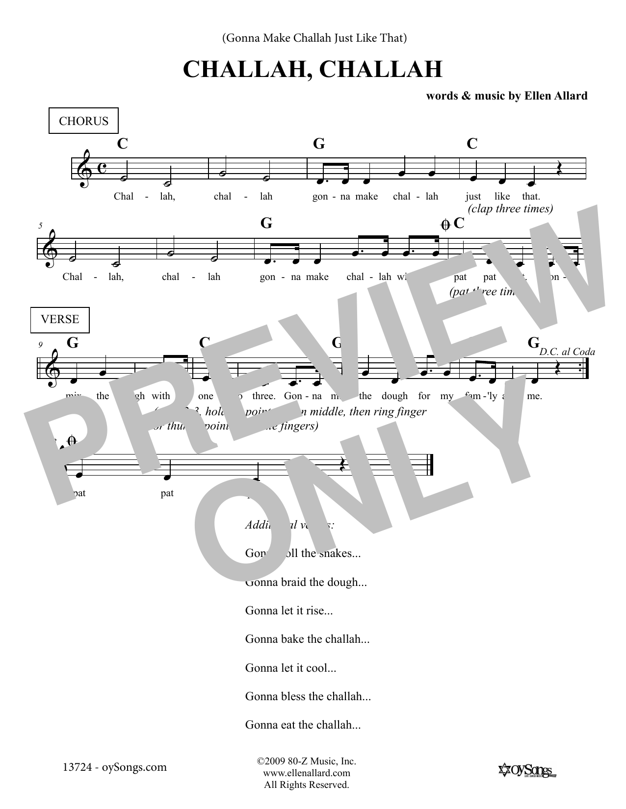 Download Ellen Allard Gonna Make Challah Just Like That Sheet Music and learn how to play Melody Line, Lyrics & Chords PDF digital score in minutes