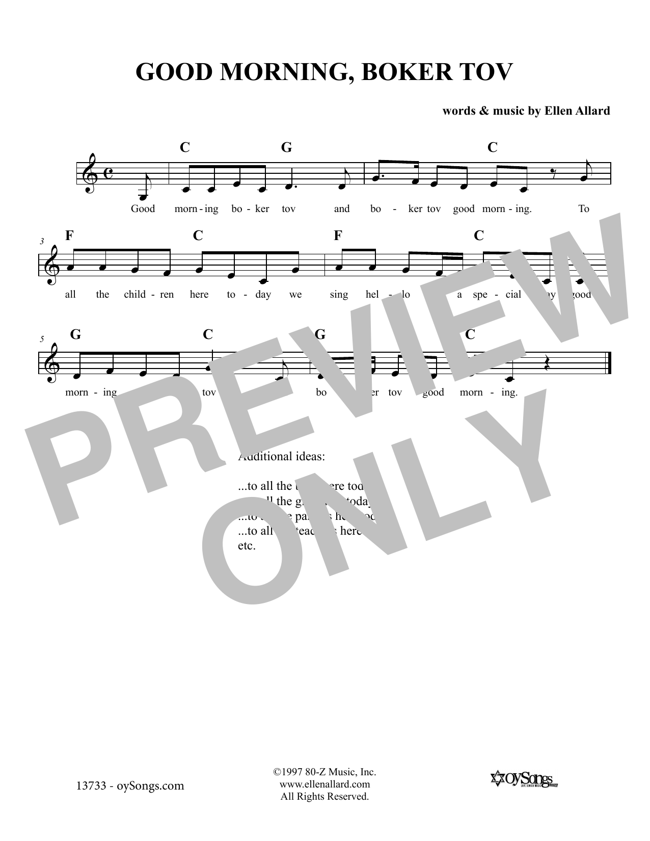 Download Ellen Allard Good Morning Boker Tov Sheet Music and learn how to play Melody Line, Lyrics & Chords PDF digital score in minutes